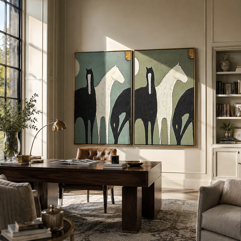 "Golden Touch Duo" — 3D Textured Abstract Horse Wall Art Set | Sage & Teal Framed Diptych#VA602