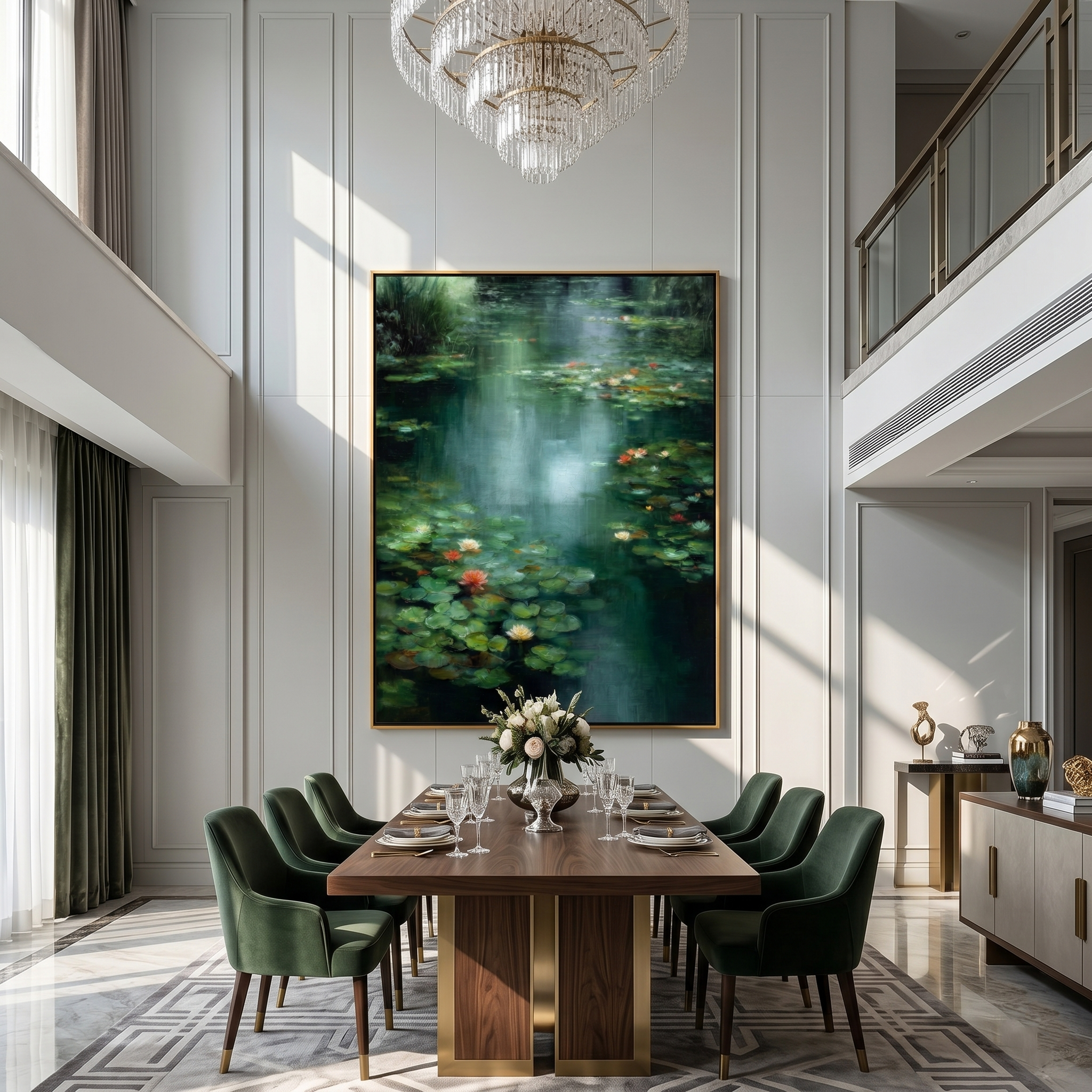 "Lily Pond Serenity" – Modern Heavy Impasto Landscape Art | 3D Emerald & Waterlily Palette Knife Painting | Luxury Vertical Wall Art#FL 002