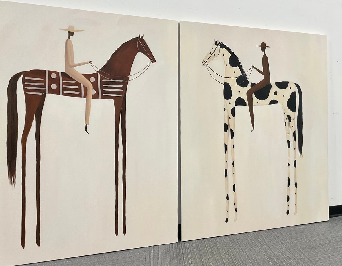 "Paired Reveries" - Modern Heavy Impasto Western Animal Artwork | Golden Palette Knife Painting | Luxury Two-Panel Vertical Wall Art #YK 1606