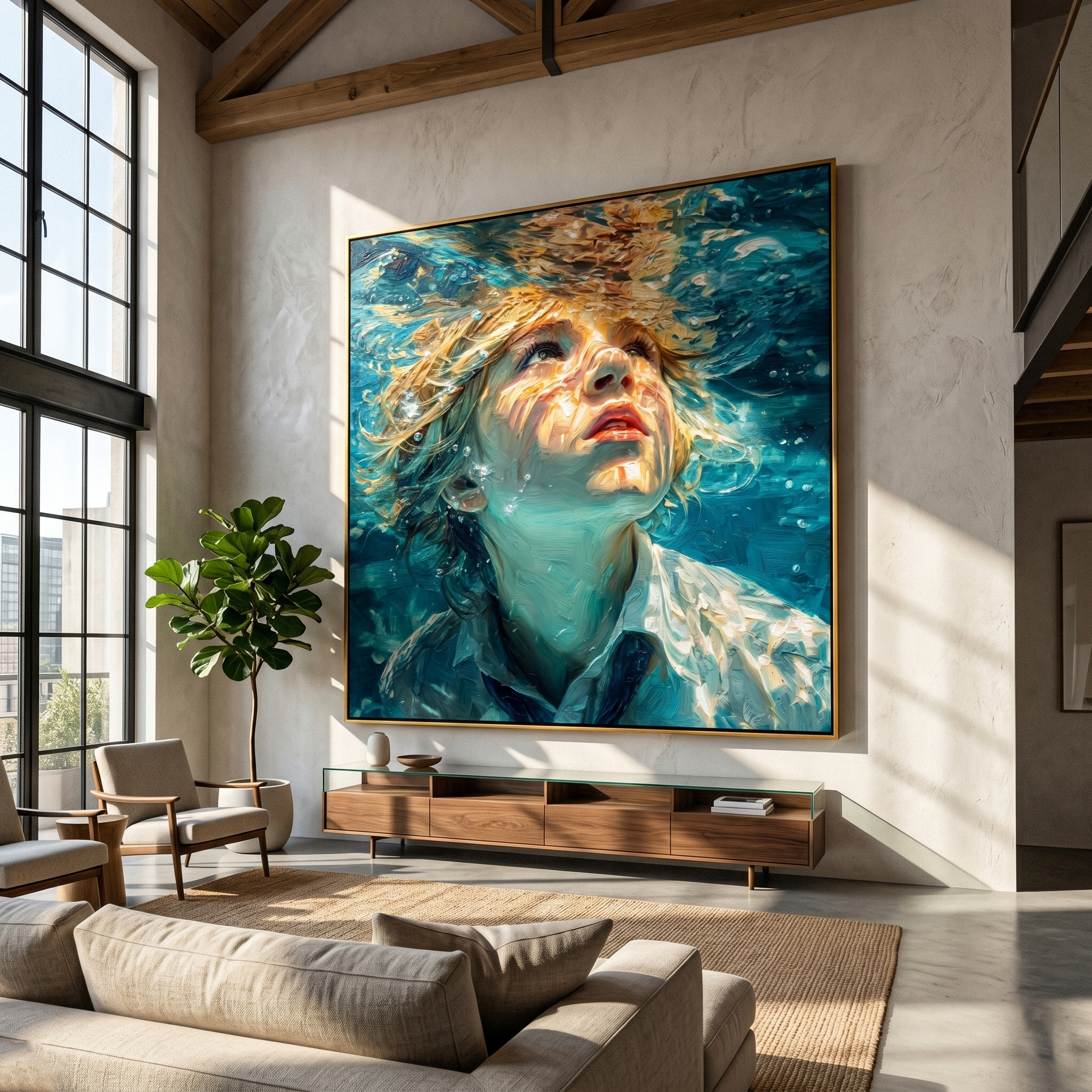 "Beneath the Surface Gaze" – Tactile Underwater Impressionist Art | Vibrant Turquoise & Warm Light Impasto Wall Decor | Contemporary Square Statement Piece#PE 001