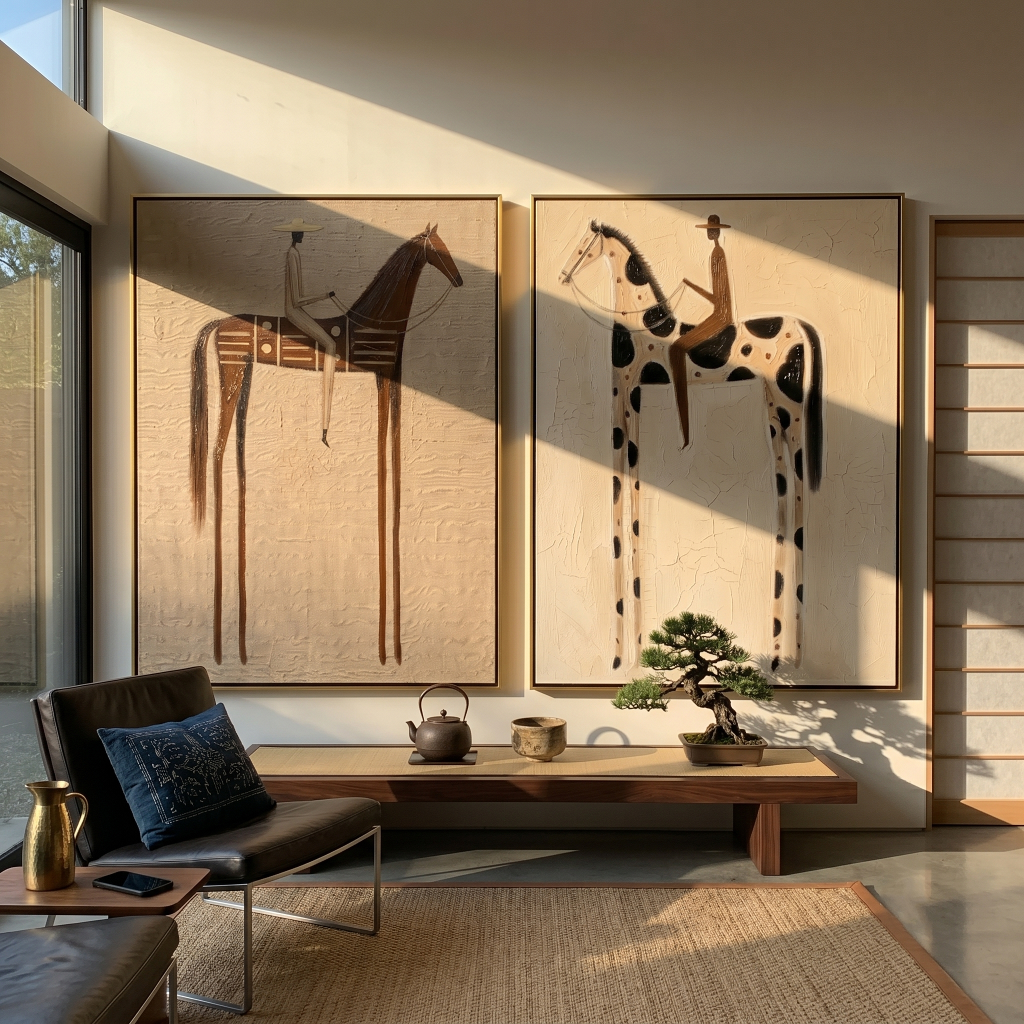 "Western Whispers "— 3D Textured Abstract Rider & Horse Wall Art Set | Neutral Rustic Framed Diptych#VA612