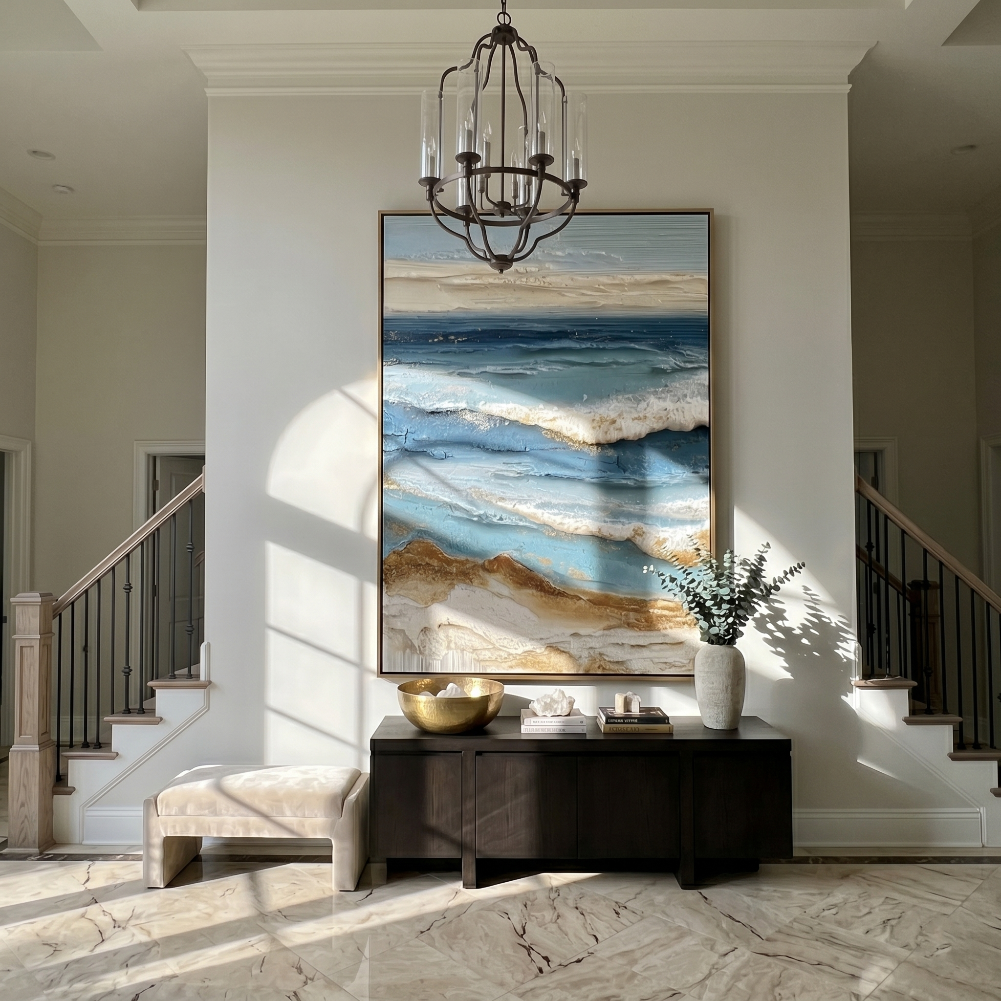 "Textured Coastal Horizon" – Modern Heavy Impasto Seascape Art | 3D Ocean Blue & Gold Palette Knife Painting | Luxury Vertical Wall Art#PT 020