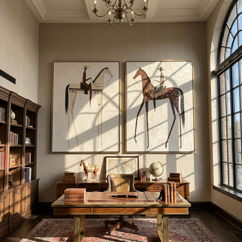 "Riders of the Quiet Plain" — 3D Textured Abstract Horse & Rider Wall Art Set | Neutral Western Framed Diptych#VA613
