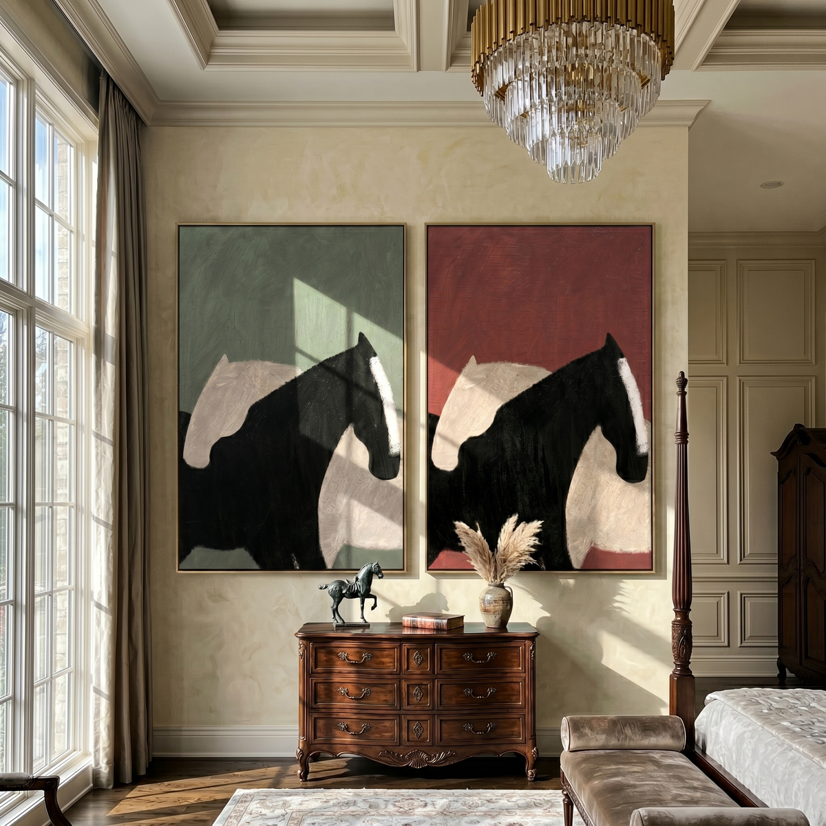 "Quiet Equine Forms" — 3D Textured Abstract Horse Wall Art Set | Sage Green & Terracotta Framed Painting#VA600