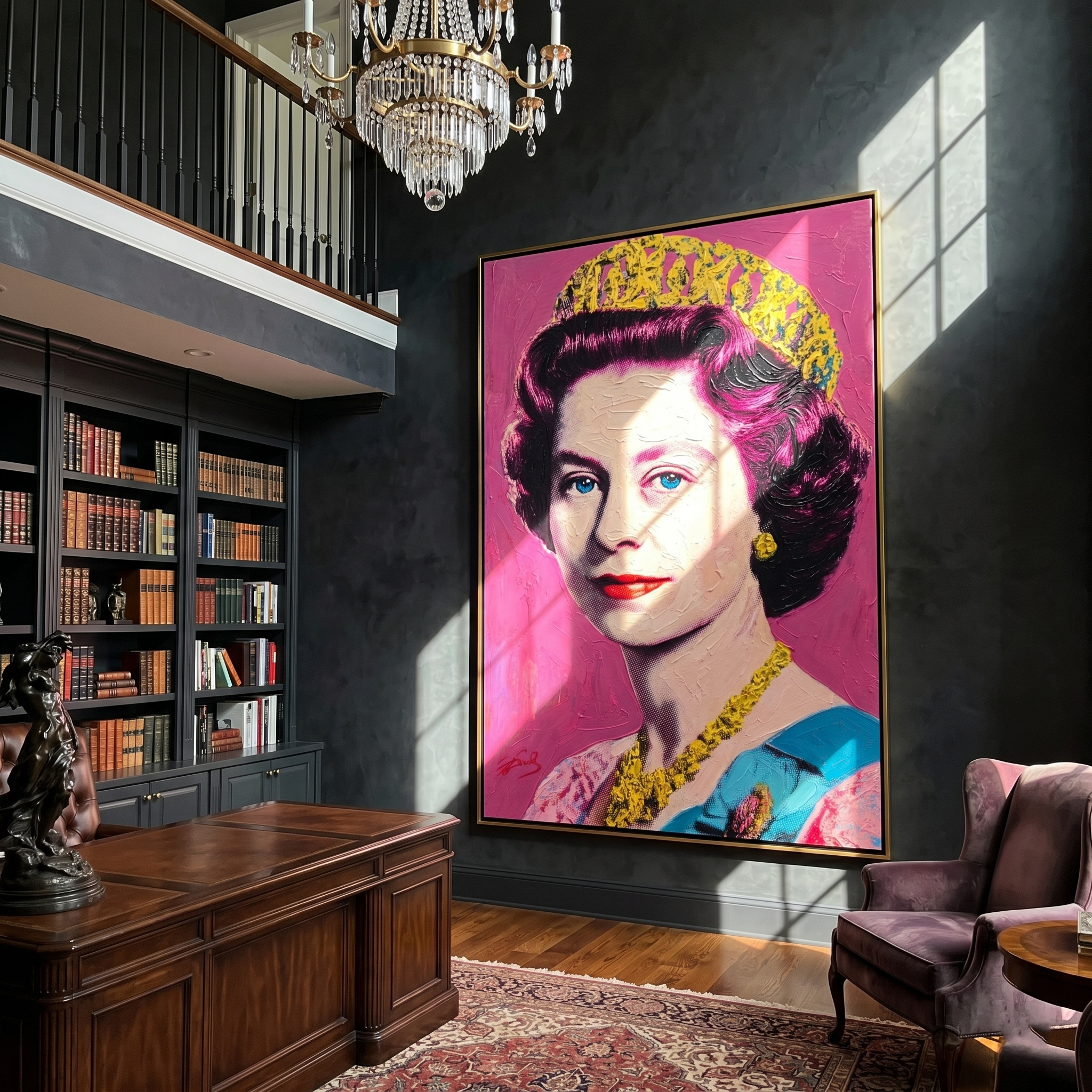 "Pop Art Royal Portrait" – Modern Heavy Impasto Figurative Art | 3D Hot Pink & Gold Palette Knife Painting | Luxury Vertical Wall Art#PE 006