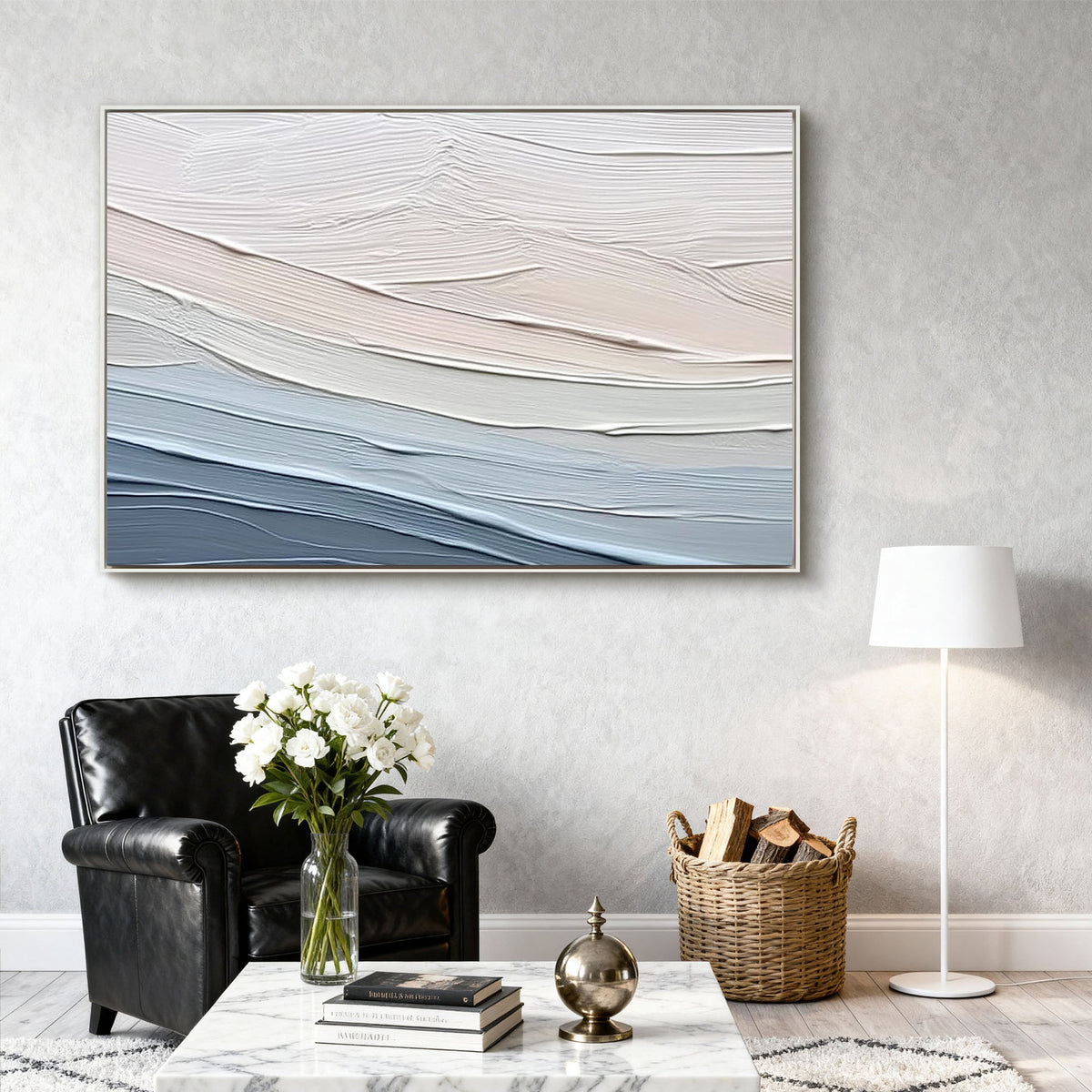 "Beige Lines" - 3D Heavy Impasto Plaster Relief | Blue & Beige Plaster Texture Statement Art
