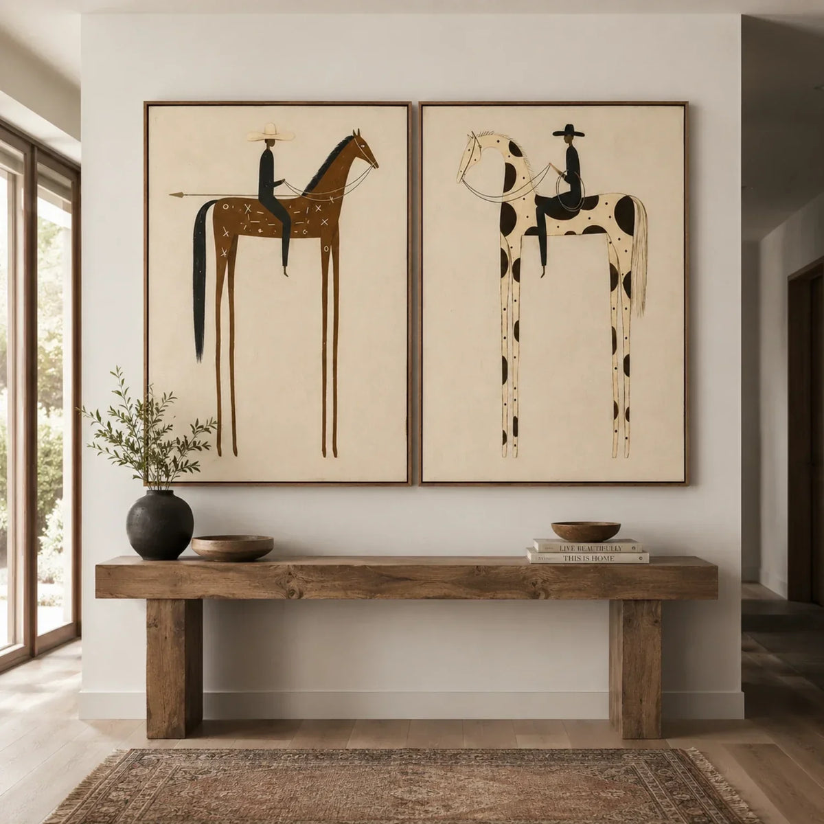 "Twin Bearings" - Modern Heavy Impasto Western Animal Artwork | Golden Palette Knife Painting | Luxury Two-Panel Vertical Wall Art #YK 1605