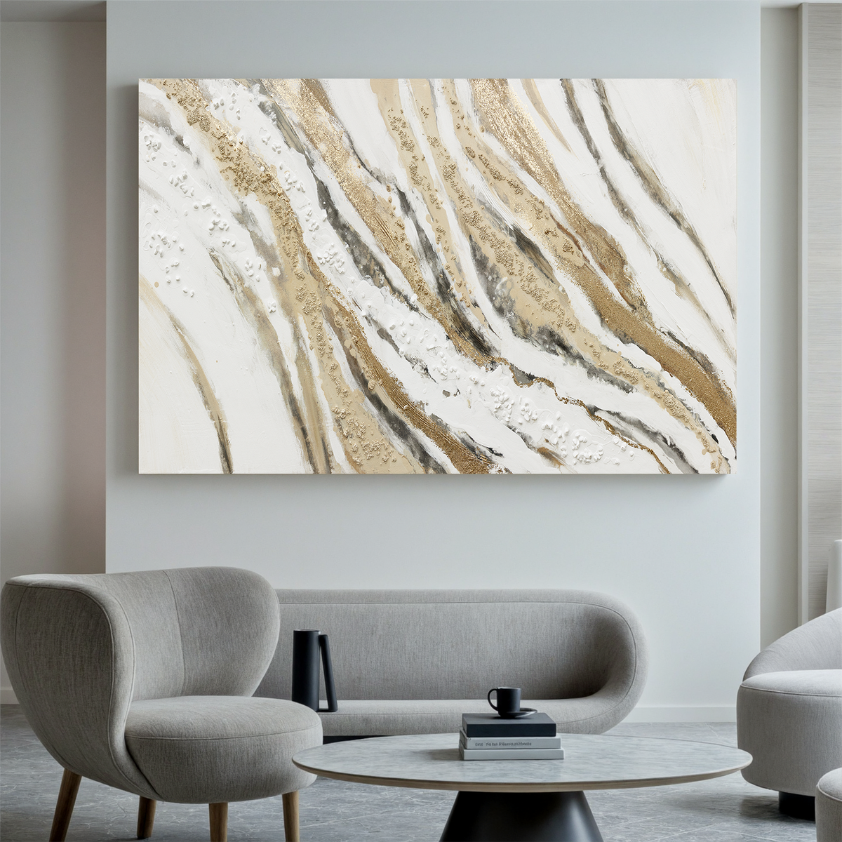 "Golden Echo" - Geometric Plaster Relief | Gold & Grey Geometric Art Statement Art
