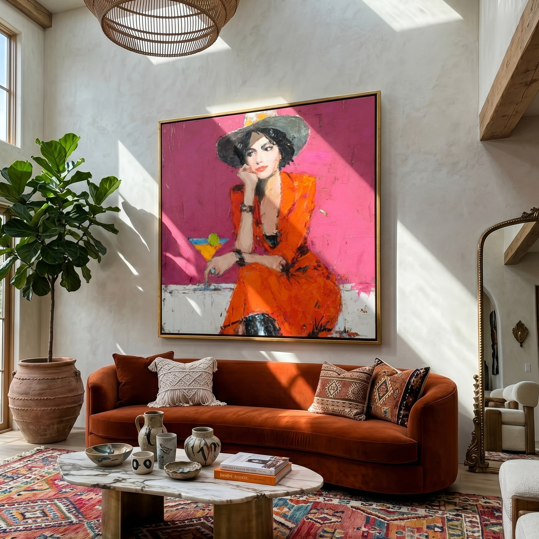 "Stylish Woman with Martini" – Tactile Fashion Impressionist Art | Bold Orange & Pink Impasto Wall Decor | Contemporary Square Statement Piece#PE 003
