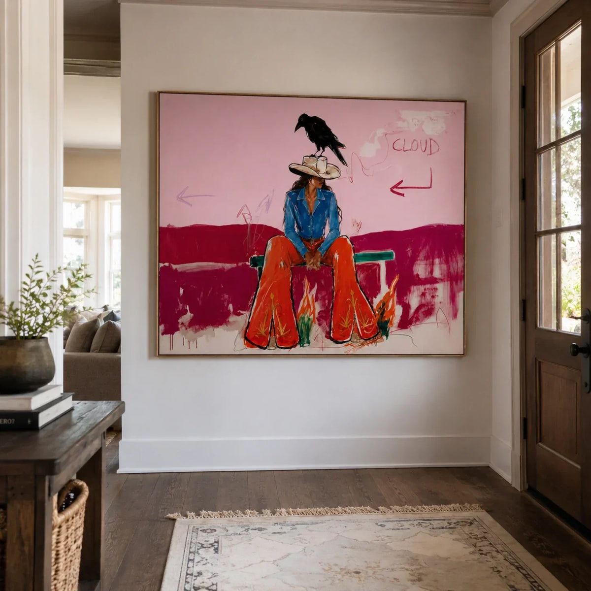 "Crow’s Cowgirl" - Modern Heavy Impasto Western Animal Artwork | Pink Palette Knife Painting | Luxury Horizontal Wall Art #YK 1587