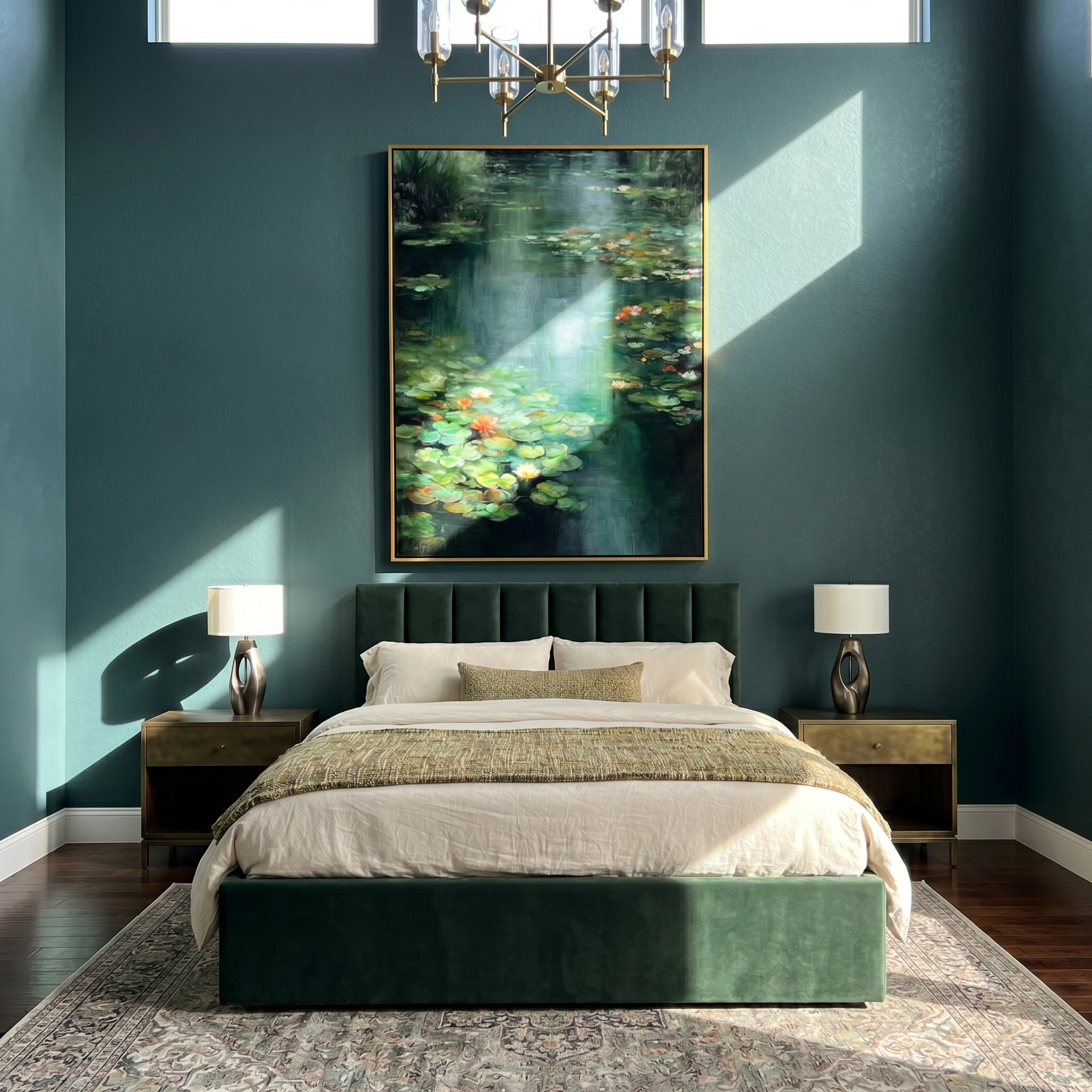 "Lily Pond Serenity" – Modern Heavy Impasto Landscape Art | 3D Emerald & Waterlily Palette Knife Painting | Luxury Vertical Wall Art#FL 002