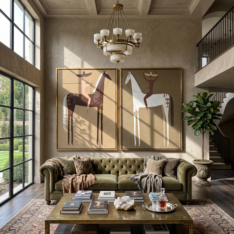 "Rituals of the Quiet Plain" — 3D Textured Abstract Western Rider Wall Art Set | Sand & Umber Framed Diptych#VA616