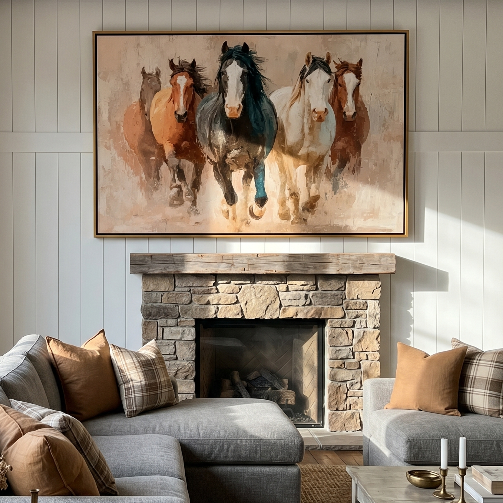 "Five Horses in Motion" – Tactile Wildlife Impressionist Art | Warm Browns & Soft Beige Impasto Wall Decor | Contemporary Horizontal Statement Piece#AN 003