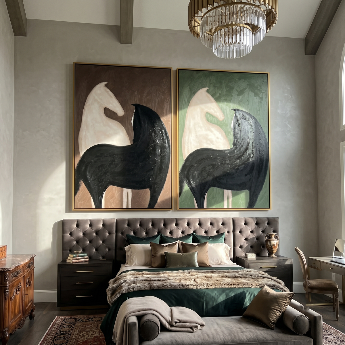 "Silent Equine Duo" — 3D Textured Abstract Horse Wall Art Set | Earth & Sage Framed Diptych#VA601