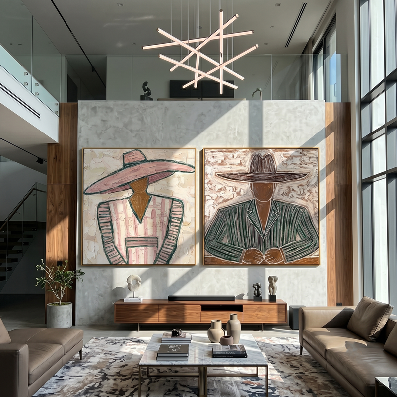 "Echoes Beneath the Brim" — 3D Textured Abstract Western Figure Wall Art Set | Pink & Umber Framed Diptych#VA614