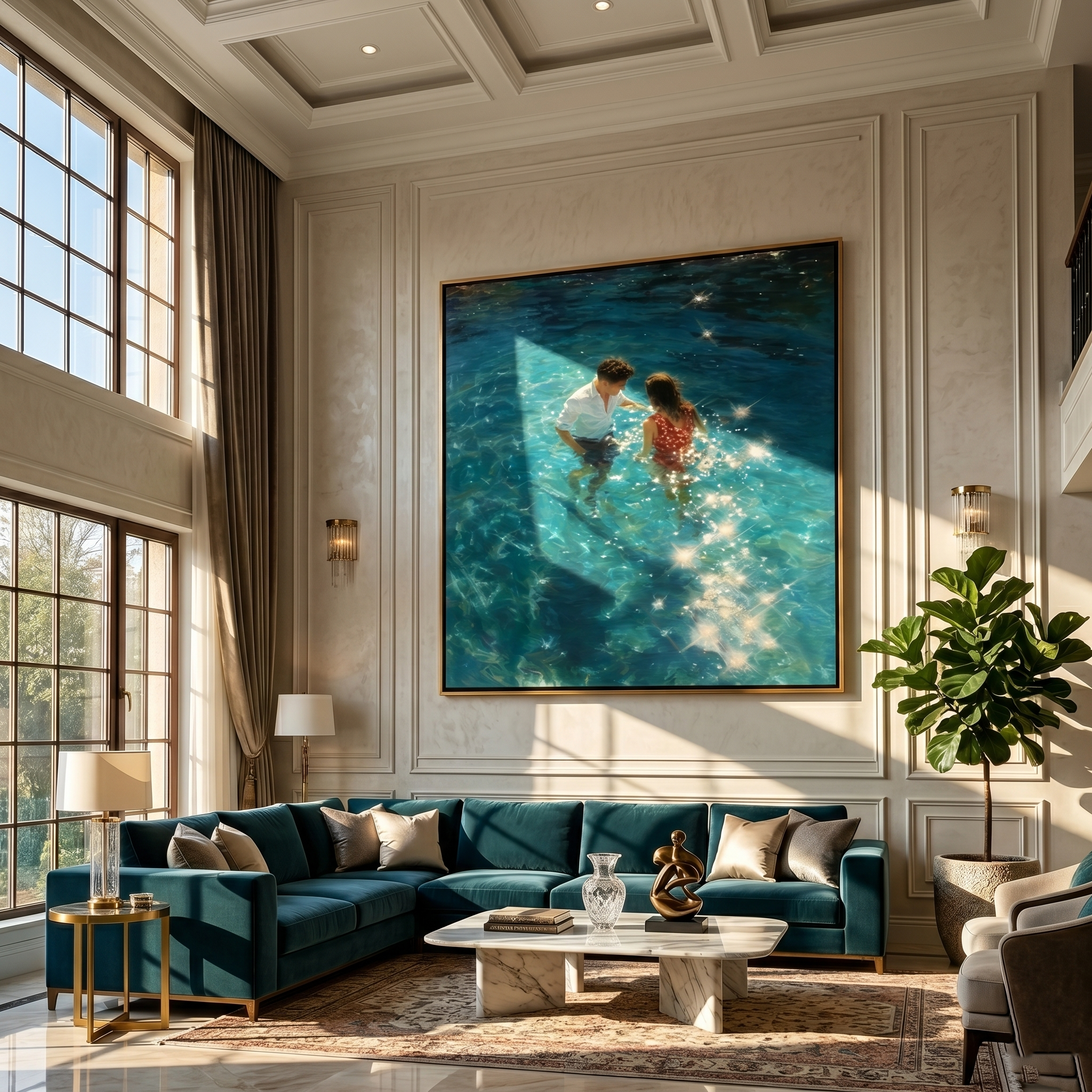 "Sunlit Water Embrace" – Modern Heavy Impasto Figurative Art | 3D Turquoise & Gold Palette Knife Painting | Luxury Square Wall Art#LC 004