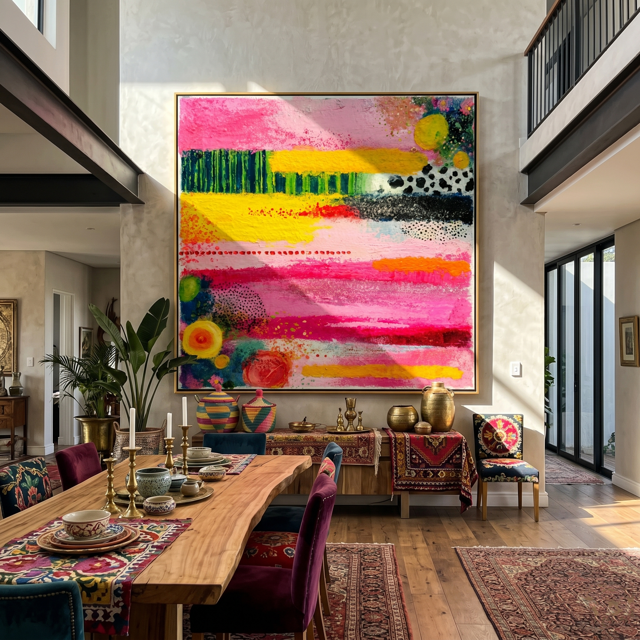 "Whimsical Color Layers" – Tactile Abstract Artwork | Bold Pink, Yellow & Black Impasto Wall Decor | Contemporary Square Statement Piece# PT 017