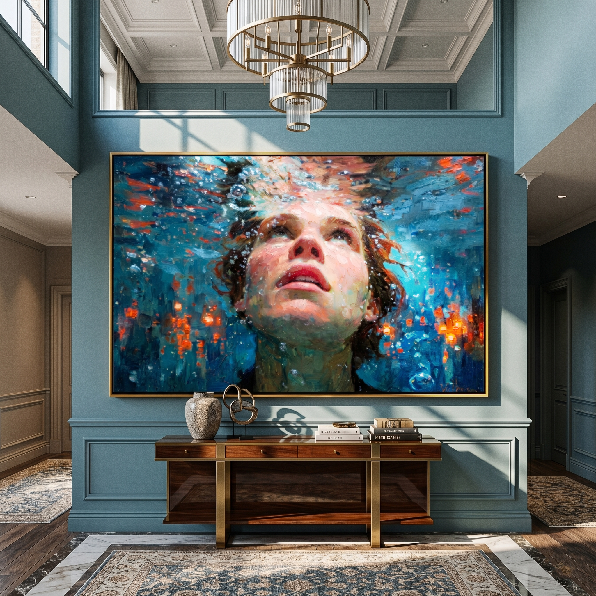 "Rising Breath Underwater" – Modern Heavy Impasto Figurative Art | 3D Turquoise & Coral Palette Knife Painting | Luxury Horizontal Wall Art#PE 004