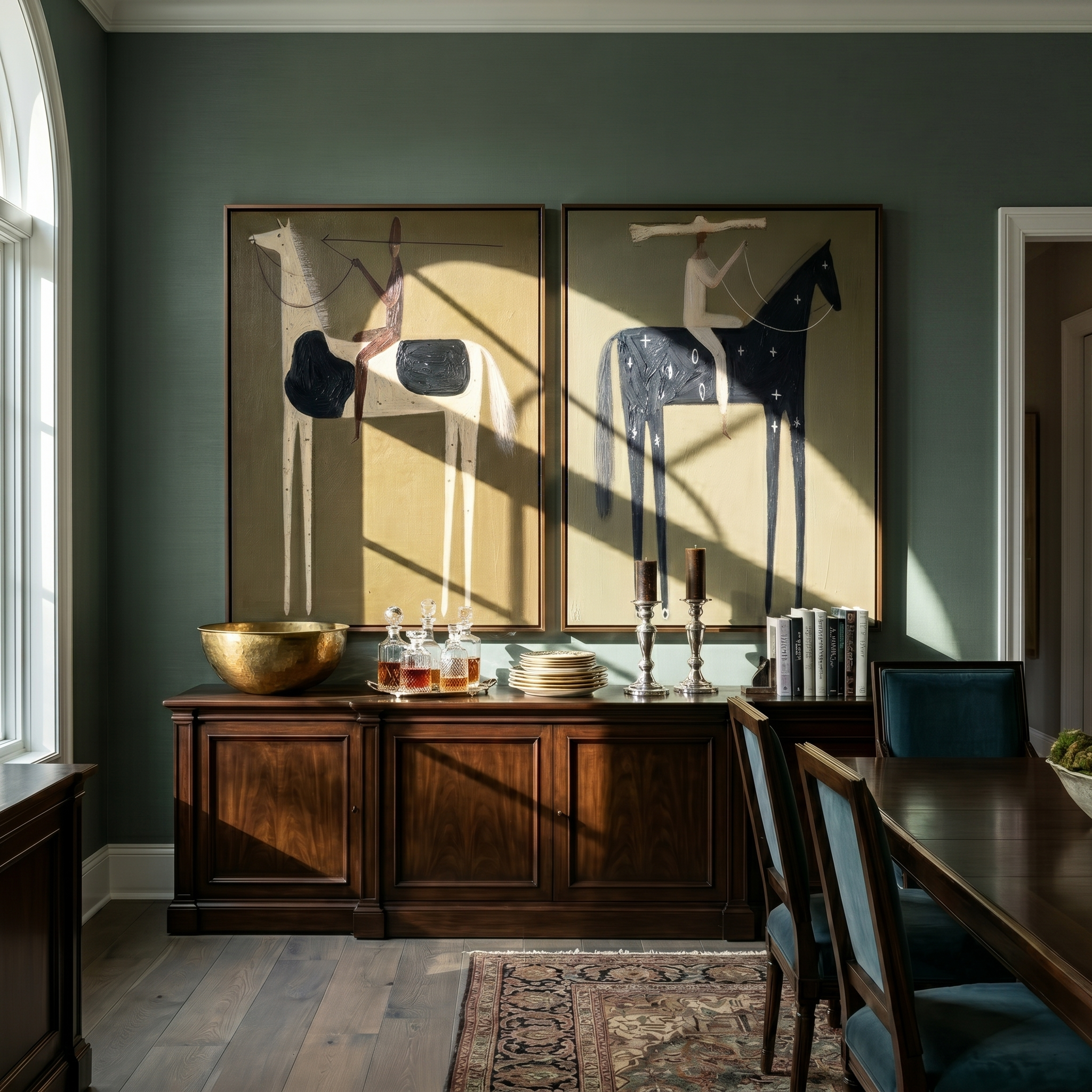 "Where Arrows Dream of Constellations" — 3D Textured Abstract Western Rider Wall Art Set | Olive, Ivory & Midnight Framed Diptych#VA620