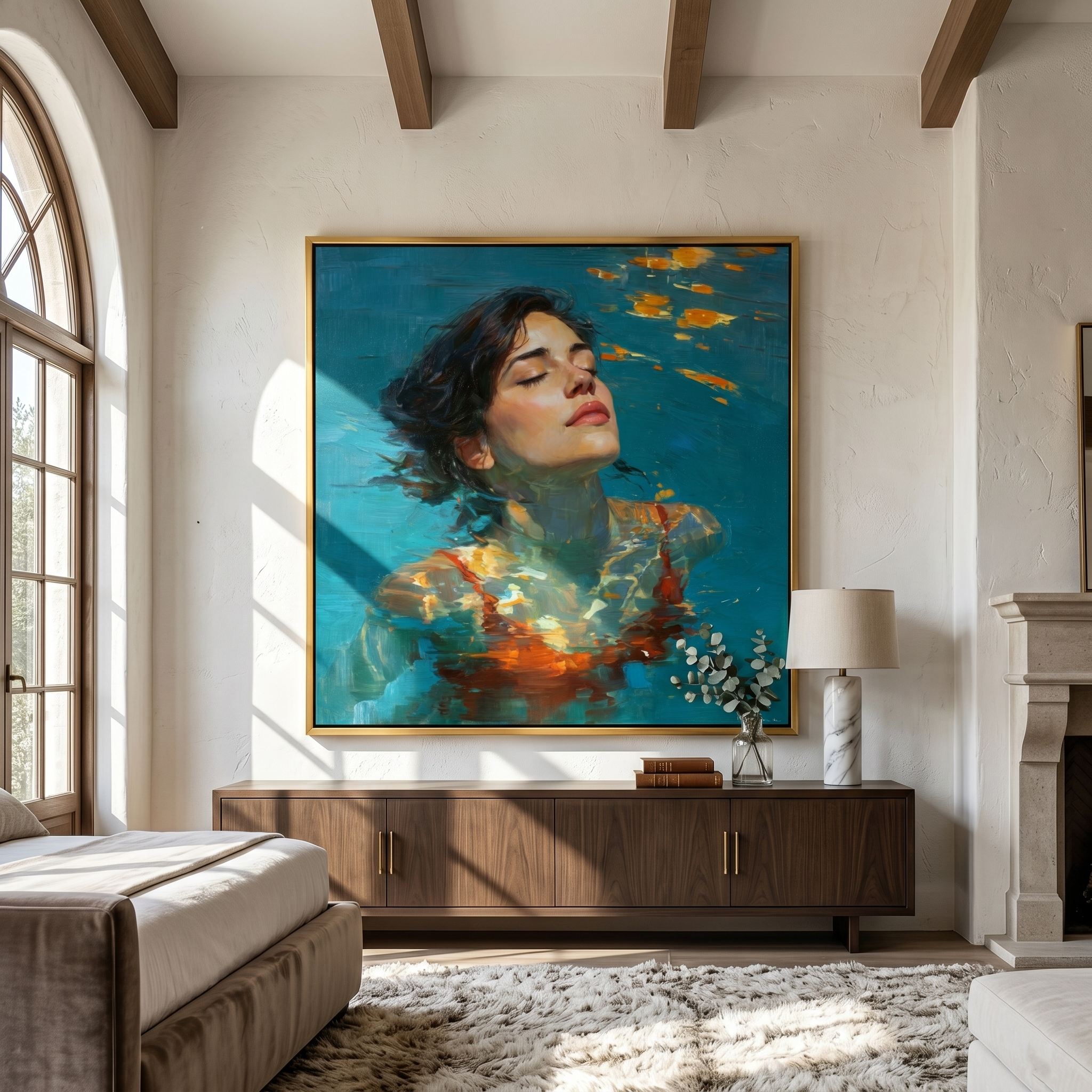 "Serene Sunlit Waters" – Tactile Underwater Impressionist Art | Vibrant Teal & Warm Orange Impasto Wall Decor | Contemporary Square Statement Piece#PE 002