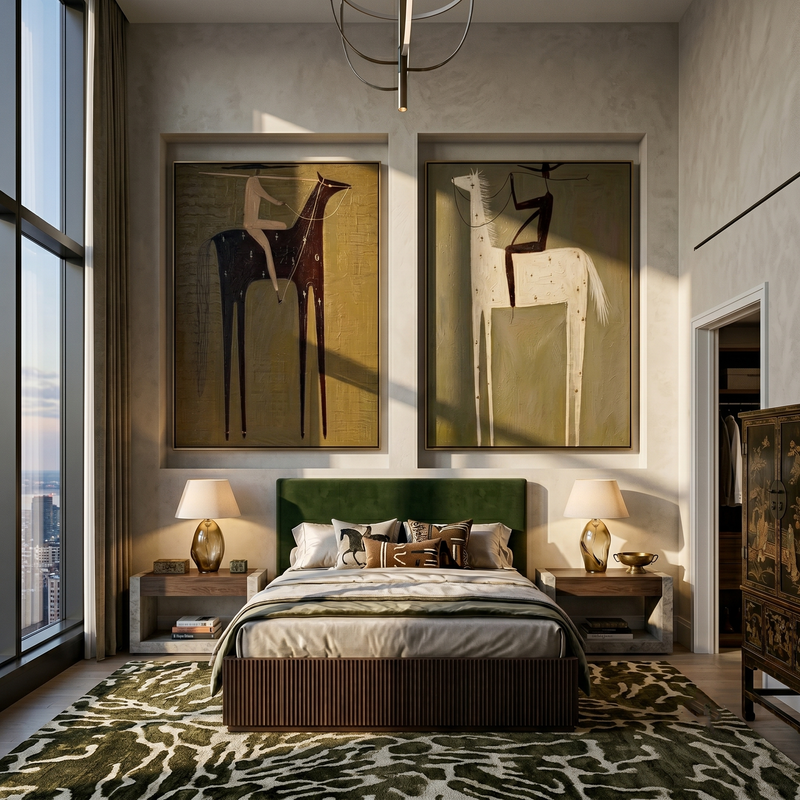 "The Archive of Vanishing Riders" — 3D Textured Abstract Western Rider Wall Art Set | Olive, Ivory & Umber Framed Diptych#VA628