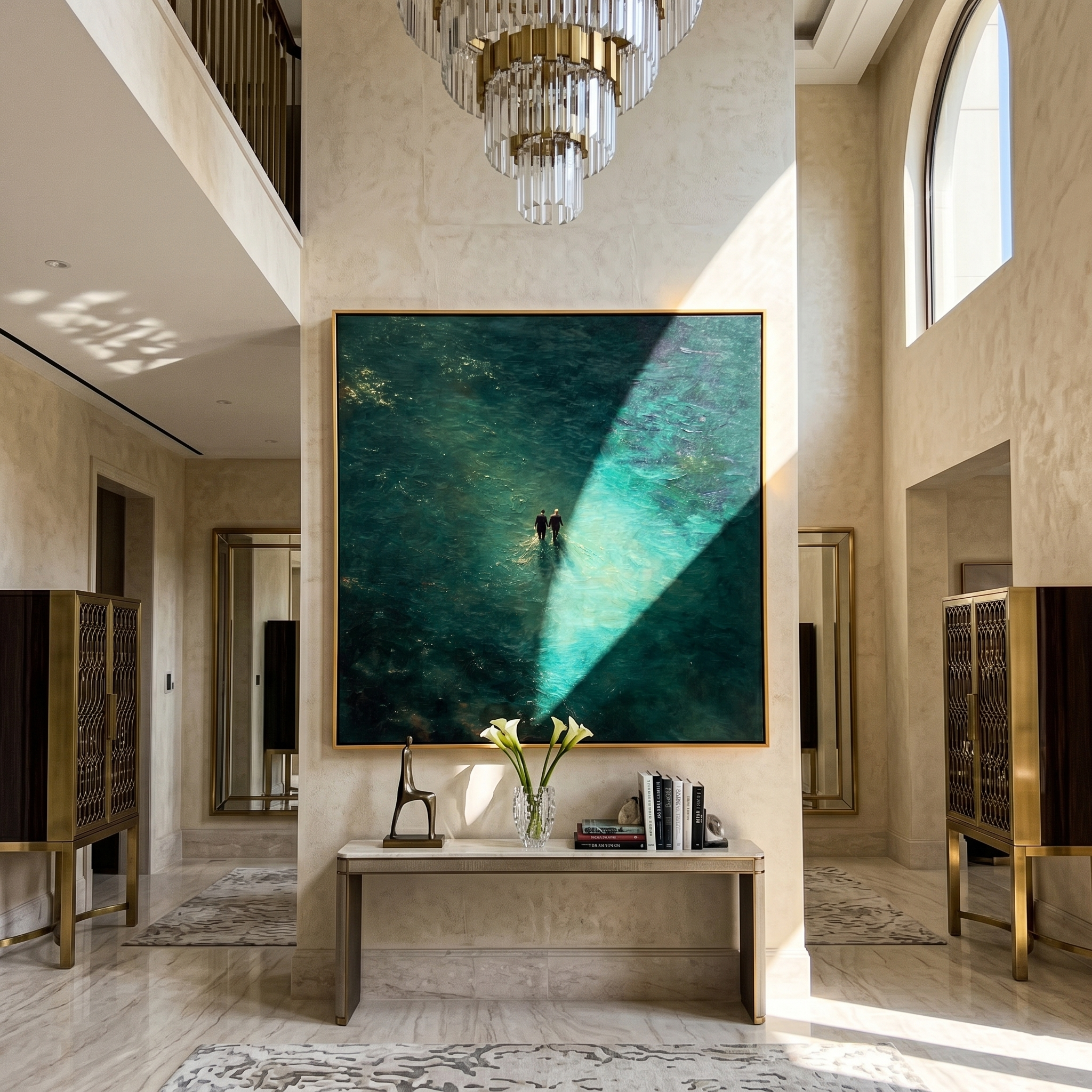 "Two Figures in the Deep" – Modern Heavy Impasto Figurative Abstract | 3D Teal & Gold Palette Knife Painting | Luxury Square Wall Art#LC 003