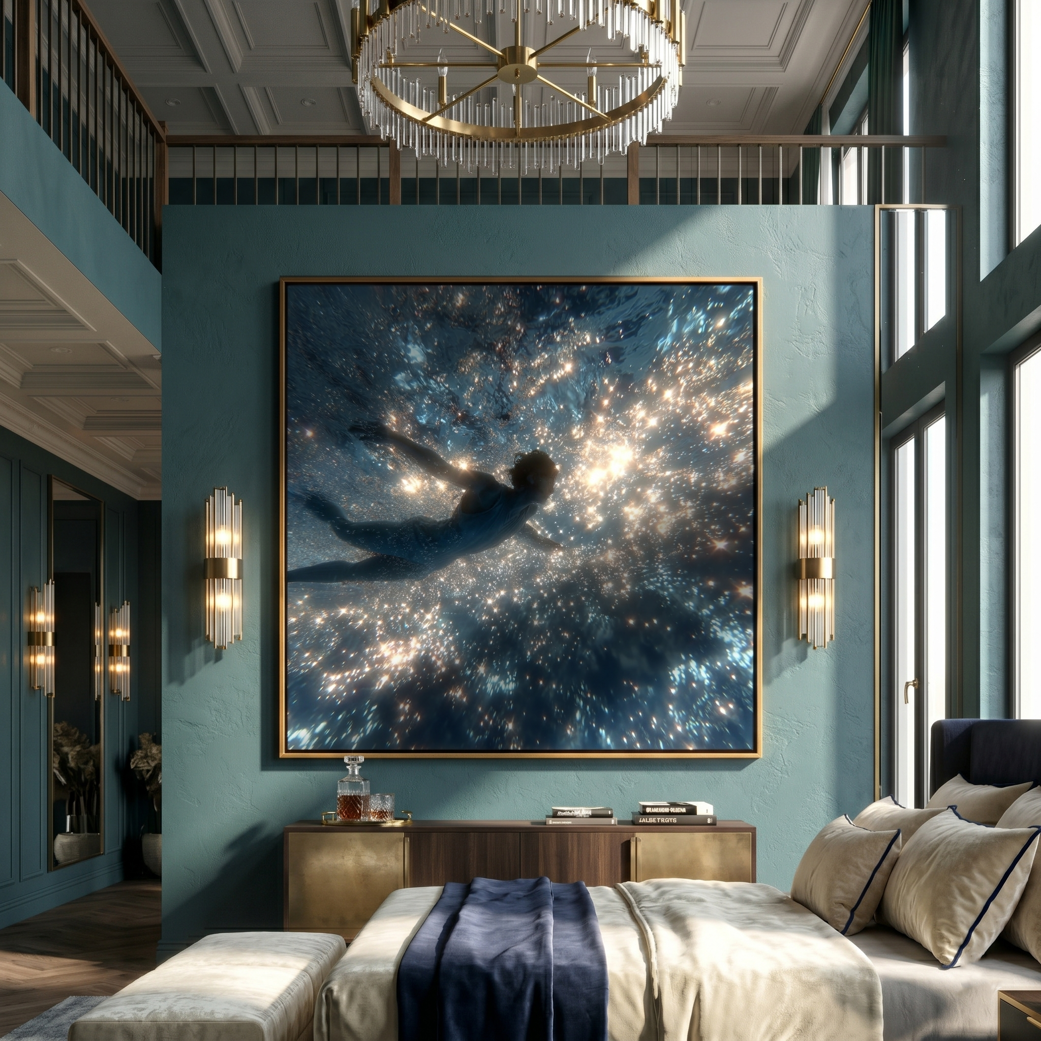 "Underwater Starlight Swim" – Modern Luminous Figurative Art | 3D Blue & Golden Light Palette Knife Painting | Luxury S quare Wall Art#LC 002