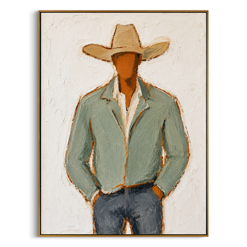 "Stylized Cowboy in Green" – Expressive Impasto Western Art | 3D Layered Neutral & Earthy Canvas | Luxury Vertical Wall Art#PE 007