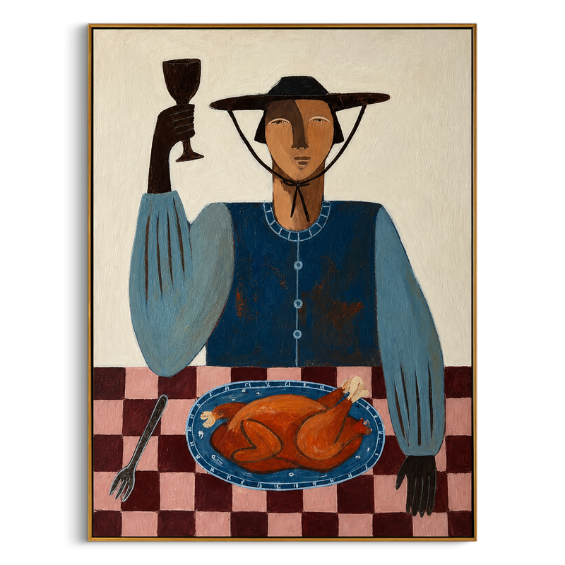 "Vintage Dinner Portrait" – Tactile Folk Art Inspired Artwork | Muted Blues & Checkered Impasto Wall Decor | Contemporary Vertical Statement Piece#PE 008