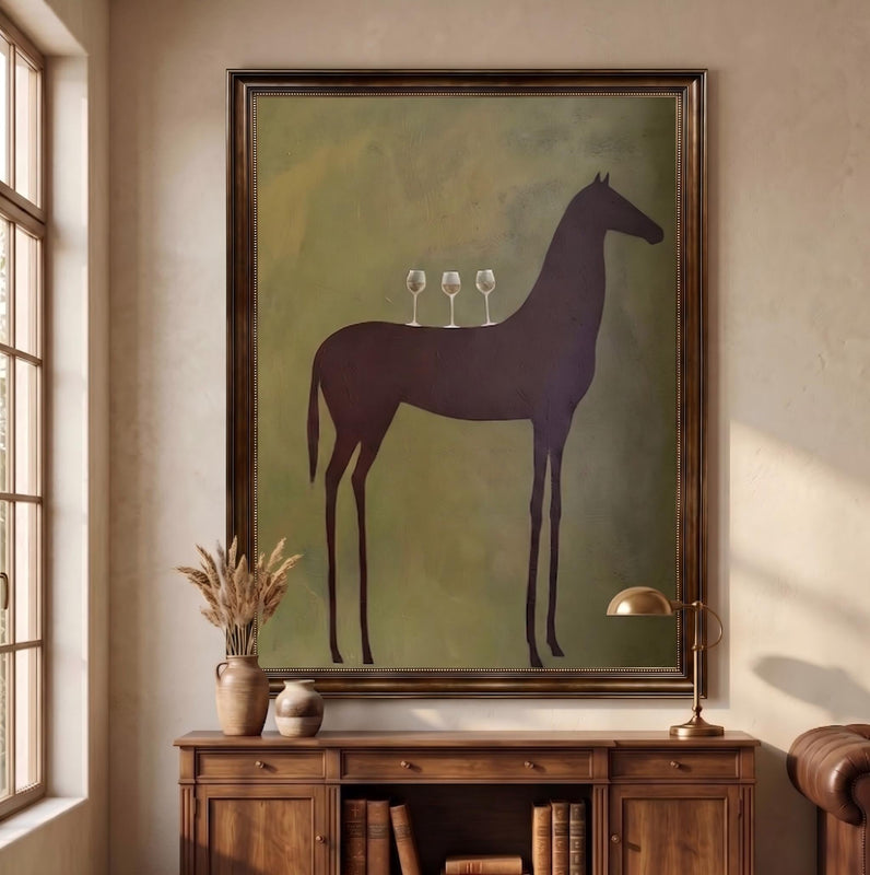 "Quiet Toast" - Modern Heavy Impasto Western Animal Artwork | Green Palette Knife Painting | Luxury Vertical Wall Art #YK 1592