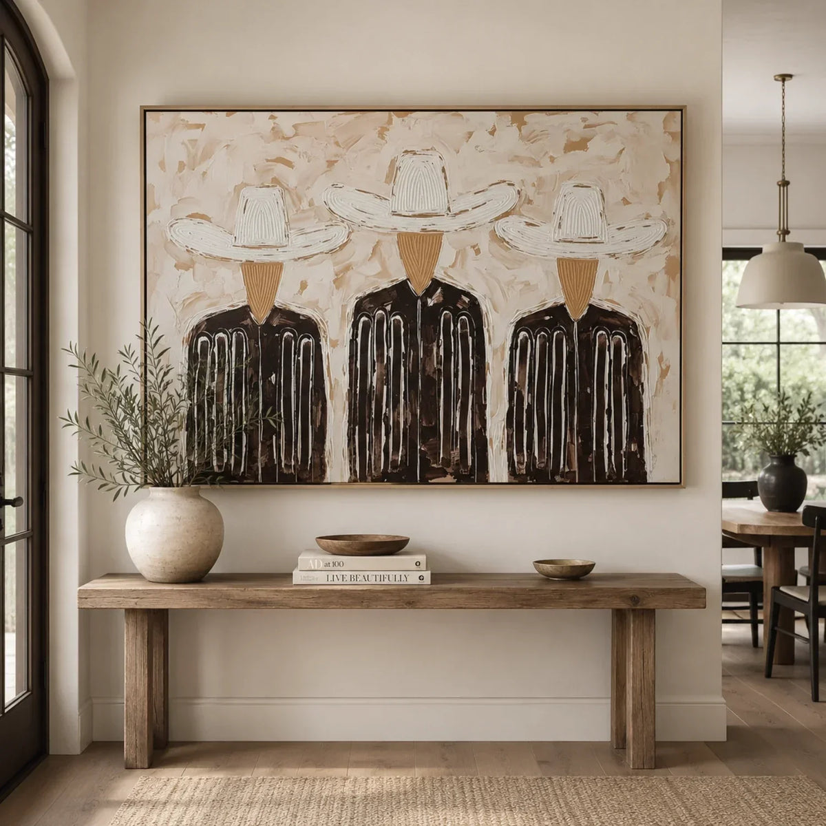 "Trinity in Linen" - Modern Heavy Impasto Abstract Artwork | Black & Golden Palette Knife Painting | Luxury Horizontal Wall Art #YK 1588