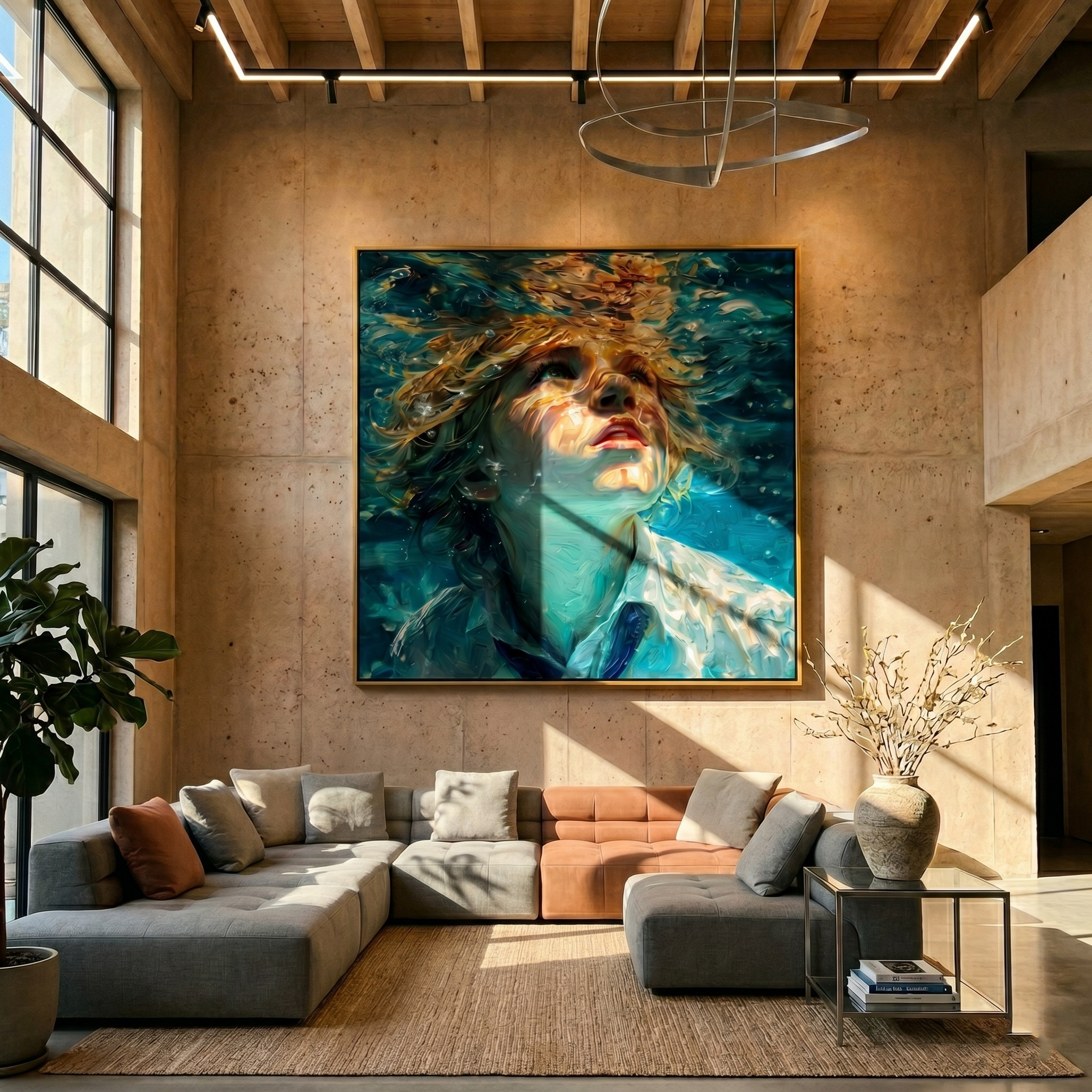 "Beneath the Surface Gaze" – Tactile Underwater Impressionist Art | Vibrant Turquoise & Warm Light Impasto Wall Decor | Contemporary Square Statement Piece#PE 001