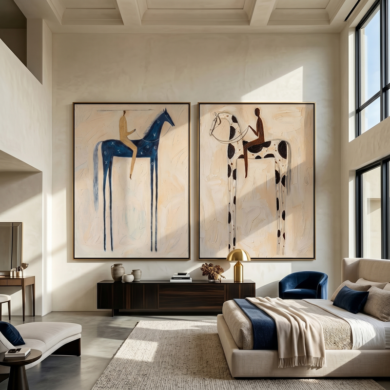 "Riders in a Pale Dream" — 3D Textured Abstract Horse & Rider Wall Art Set | Ivory Framed Diptych#VA605