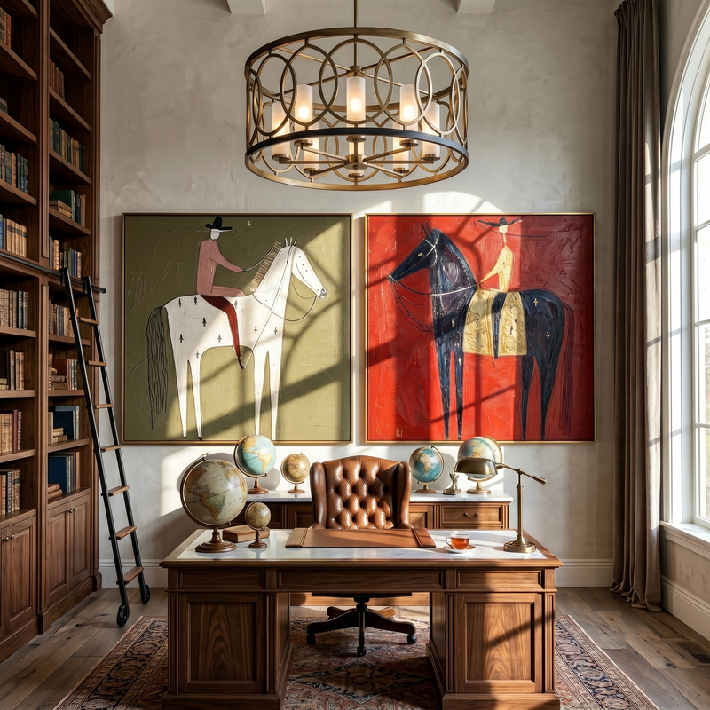 "Whispers Across the Red Plain" — 3D Textured Abstract Western Rider Wall Art Set | Olive & Crimson Framed Diptych#VA617