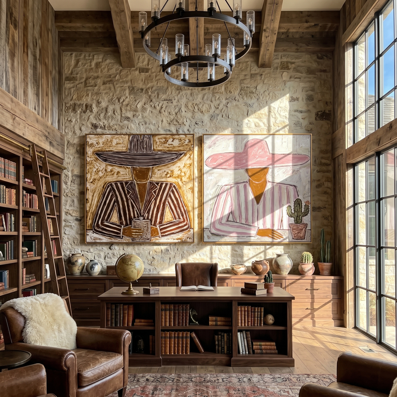 "Under the Wide Brim" — 3D Textured Abstract Western Figure Wall Art Set | Pink & Umber Framed Diptych#VA611
