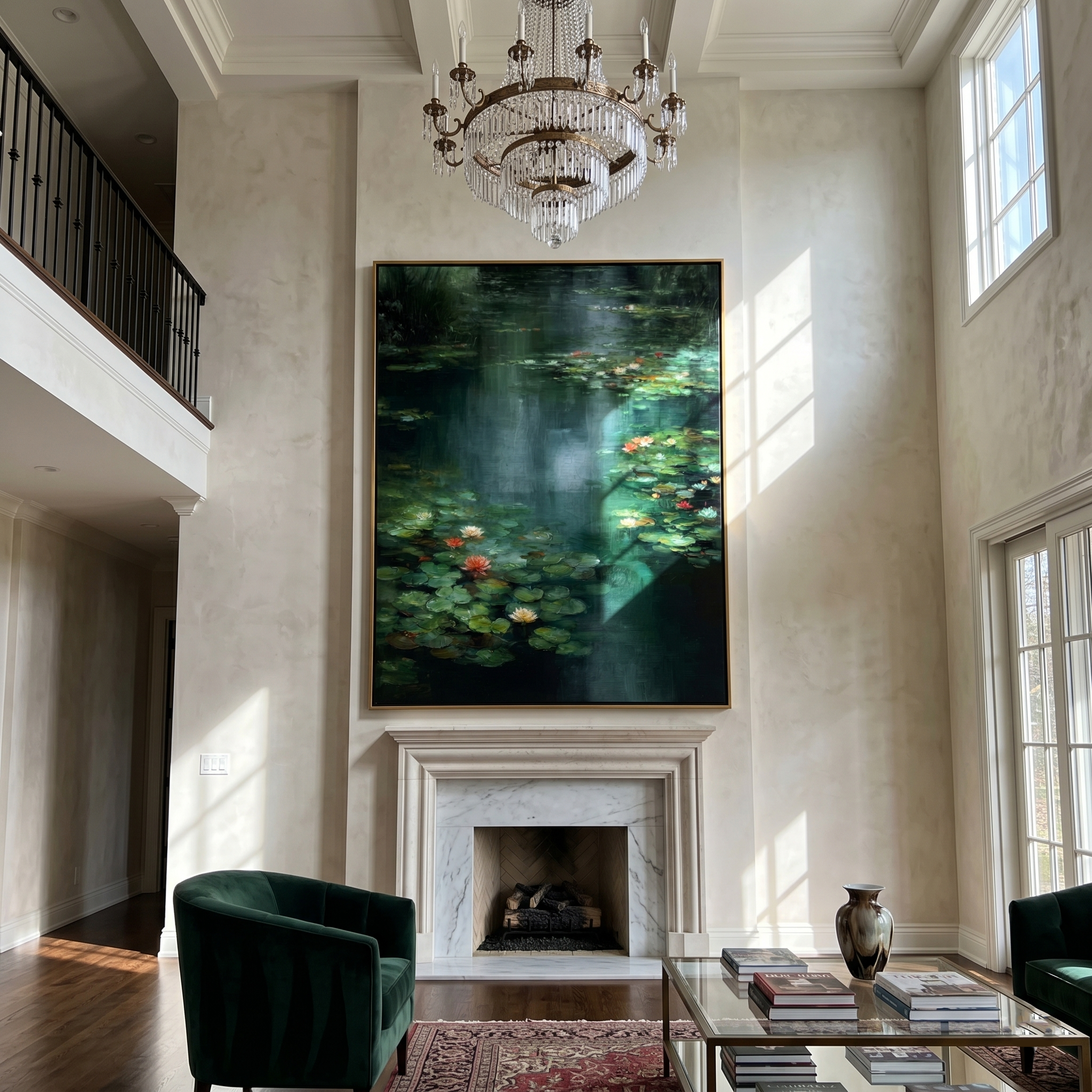 "Lily Pond Serenity" – Modern Heavy Impasto Landscape Art | 3D Emerald & Waterlily Palette Knife Painting | Luxury Vertical Wall Art#FL 002