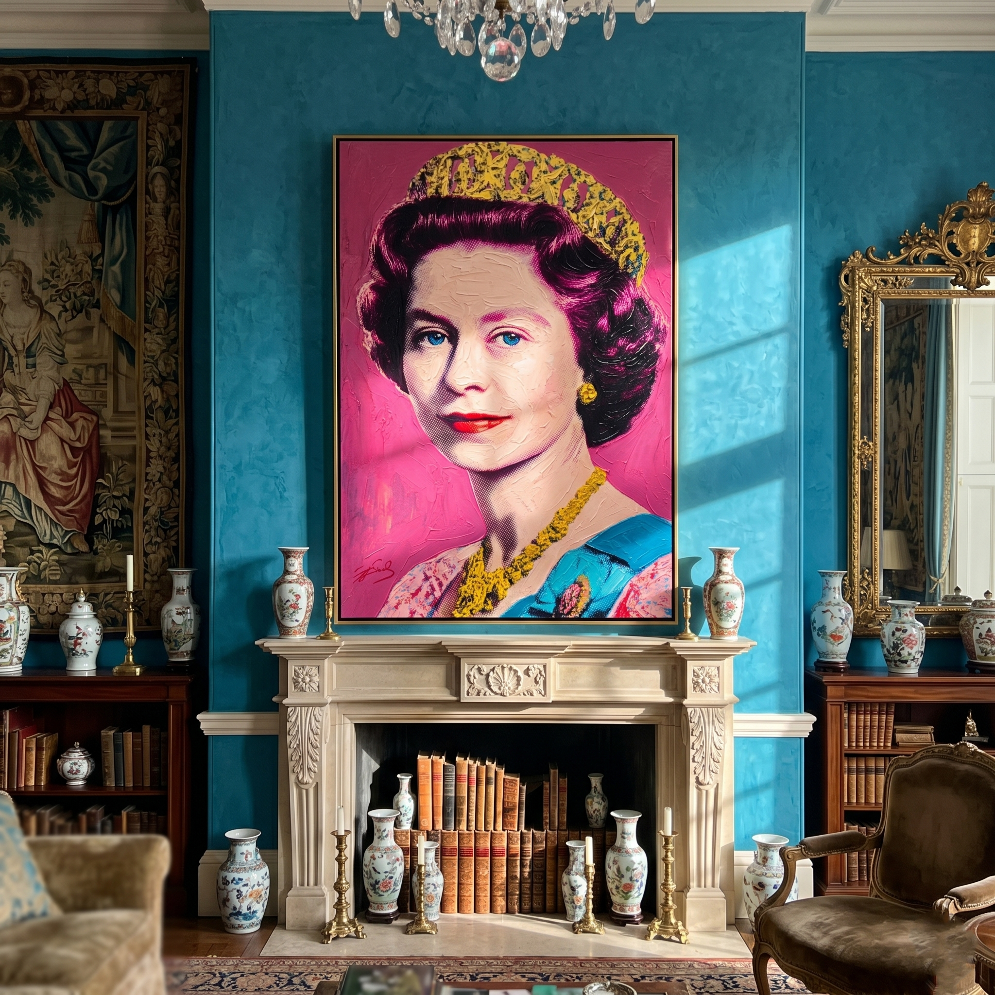 "Pop Art Royal Portrait" – Modern Heavy Impasto Figurative Art | 3D Hot Pink & Gold Palette Knife Painting | Luxury Vertical Wall Art#PE 006