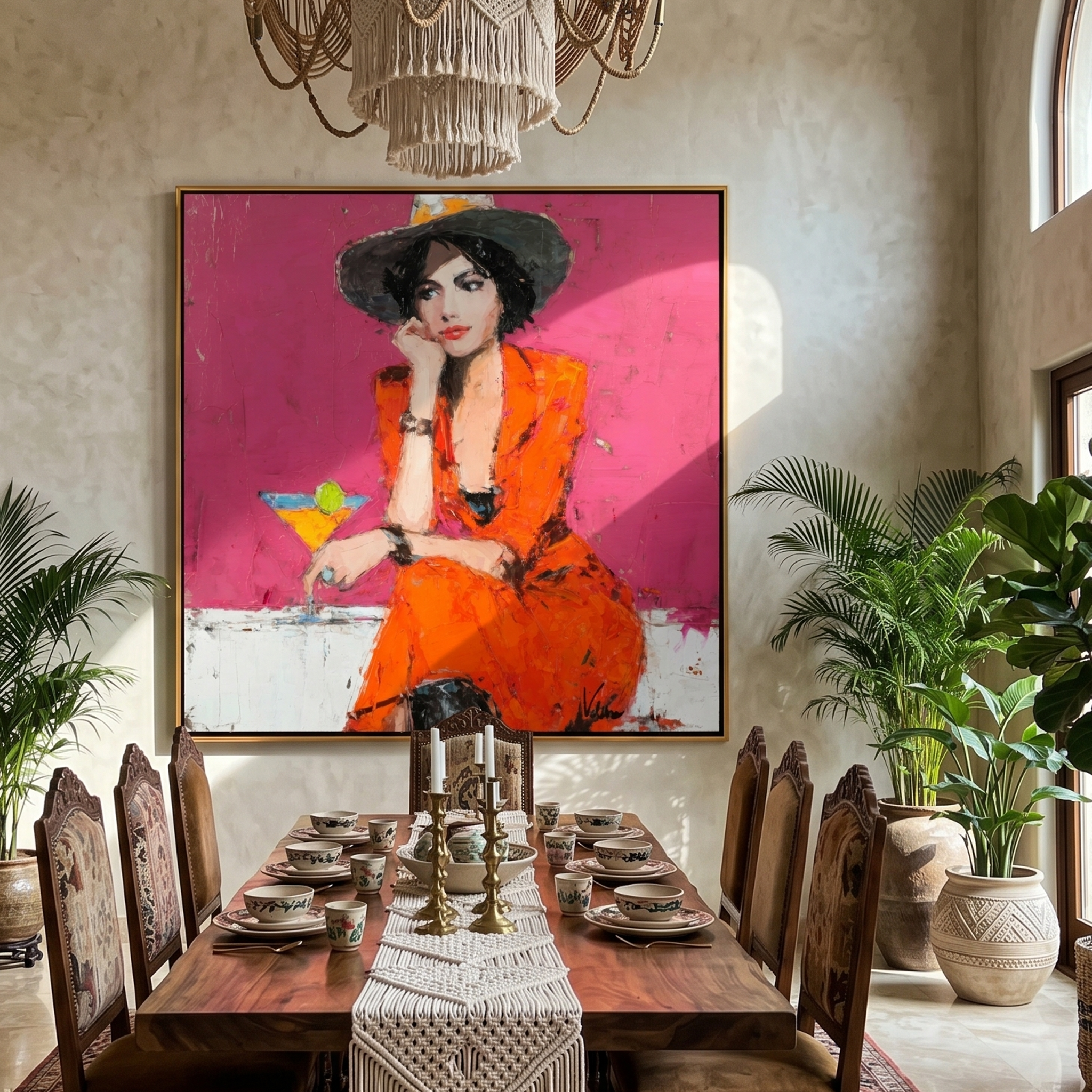 "Stylish Woman with Martini" – Tactile Fashion Impressionist Art | Bold Orange & Pink Impasto Wall Decor | Contemporary Square Statement Piece#PE 003