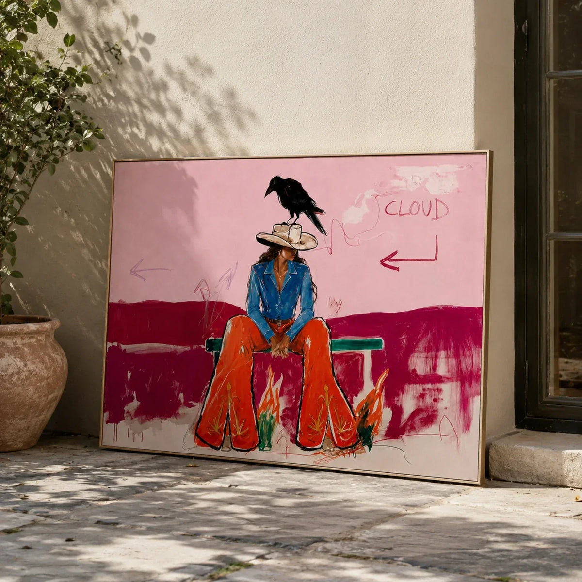 "Crow’s Cowgirl" - Modern Heavy Impasto Western Animal Artwork | Pink Palette Knife Painting | Luxury Horizontal Wall Art #YK 1587