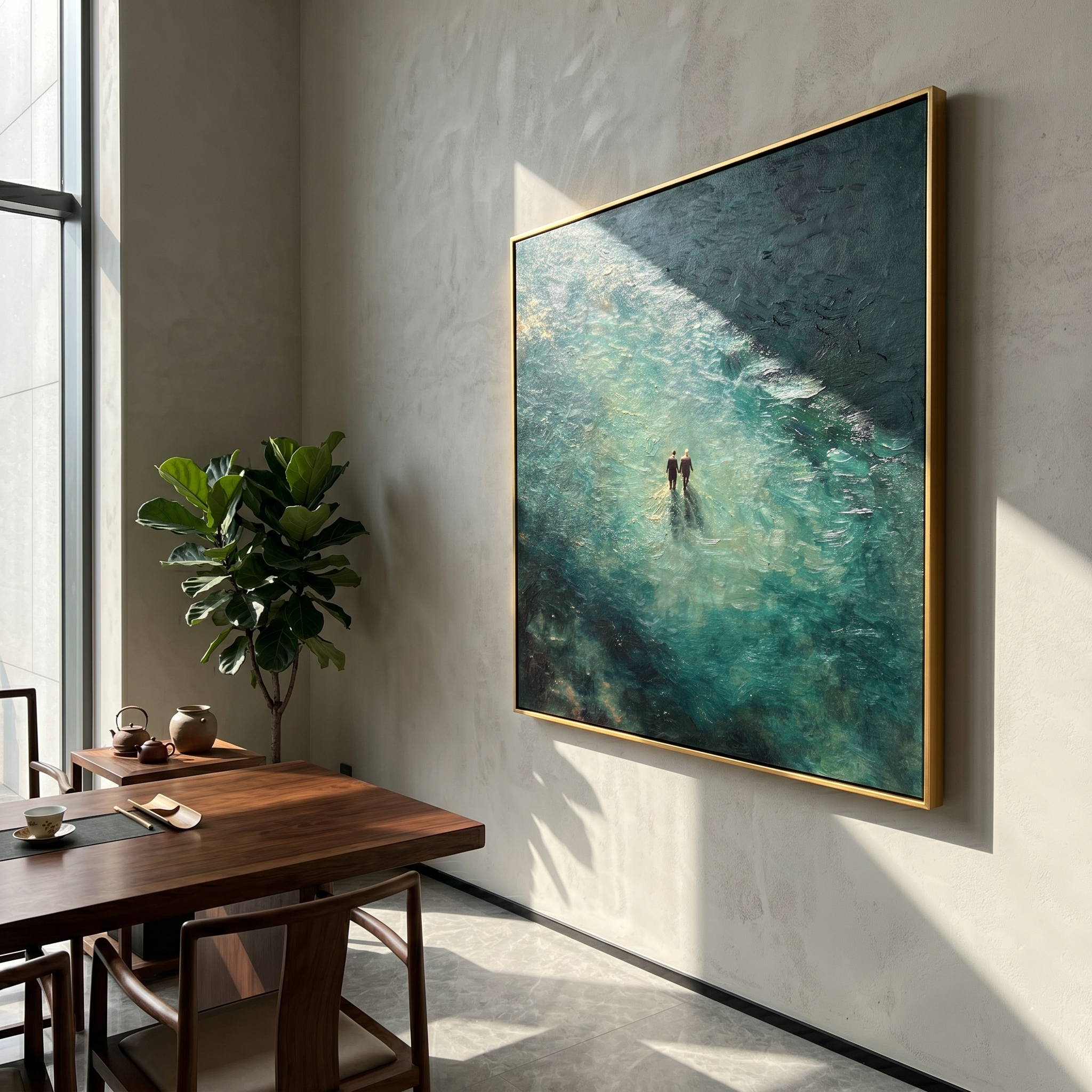 "Two Figures in the Deep" – Modern Heavy Impasto Figurative Abstract | 3D Teal & Gold Palette Knife Painting | Luxury Square Wall Art#LC 003