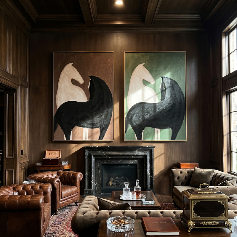 "Silent Equine Duo" — 3D Textured Abstract Horse Wall Art Set | Earth & Sage Framed Diptych#VA601