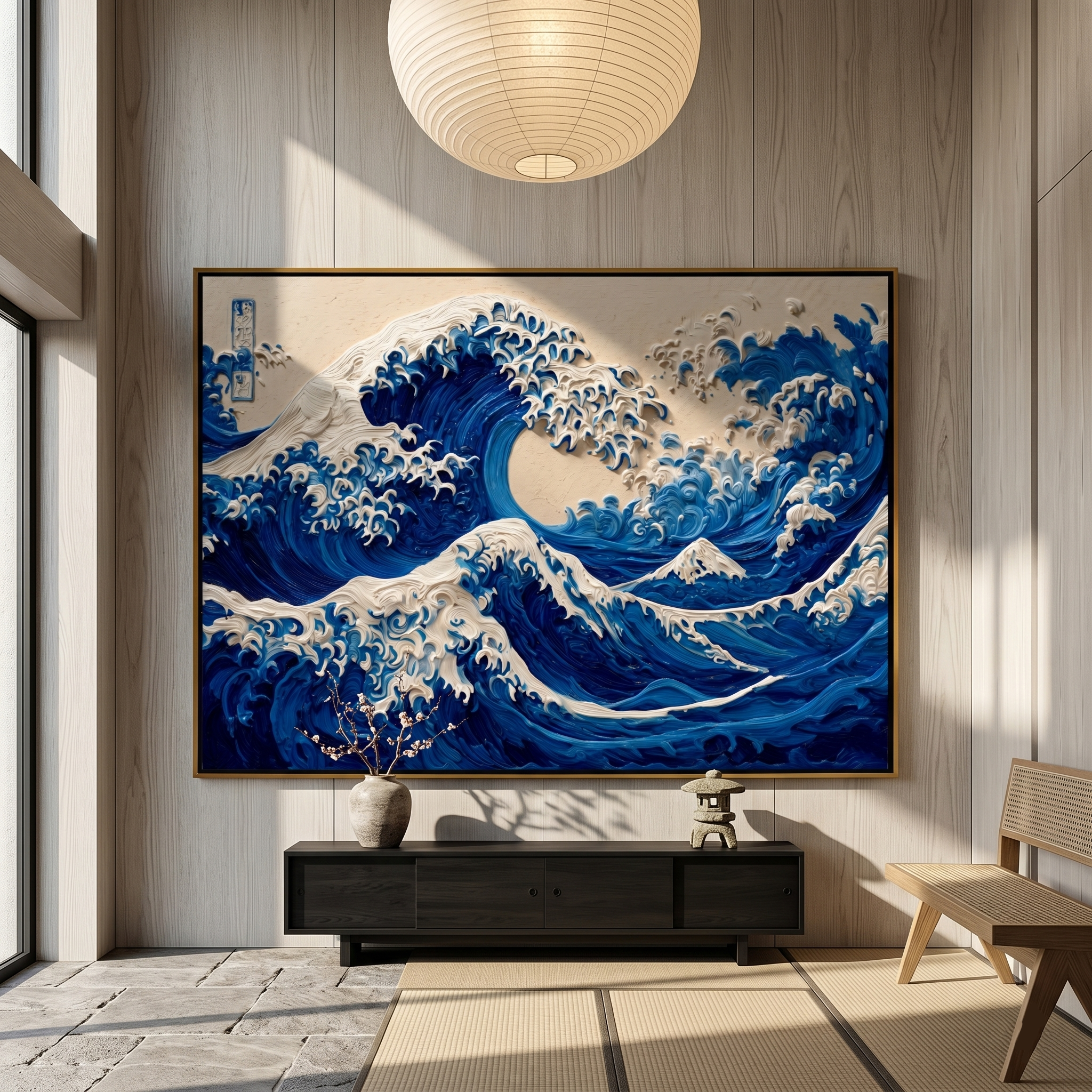 "Relief Wave of Kanagawa" – Expressive Sculptural Seascape Art | 3D Layered Blue Gradient with Raised Foam Canvas | Luxury Horizontal Wall Art#PT 018