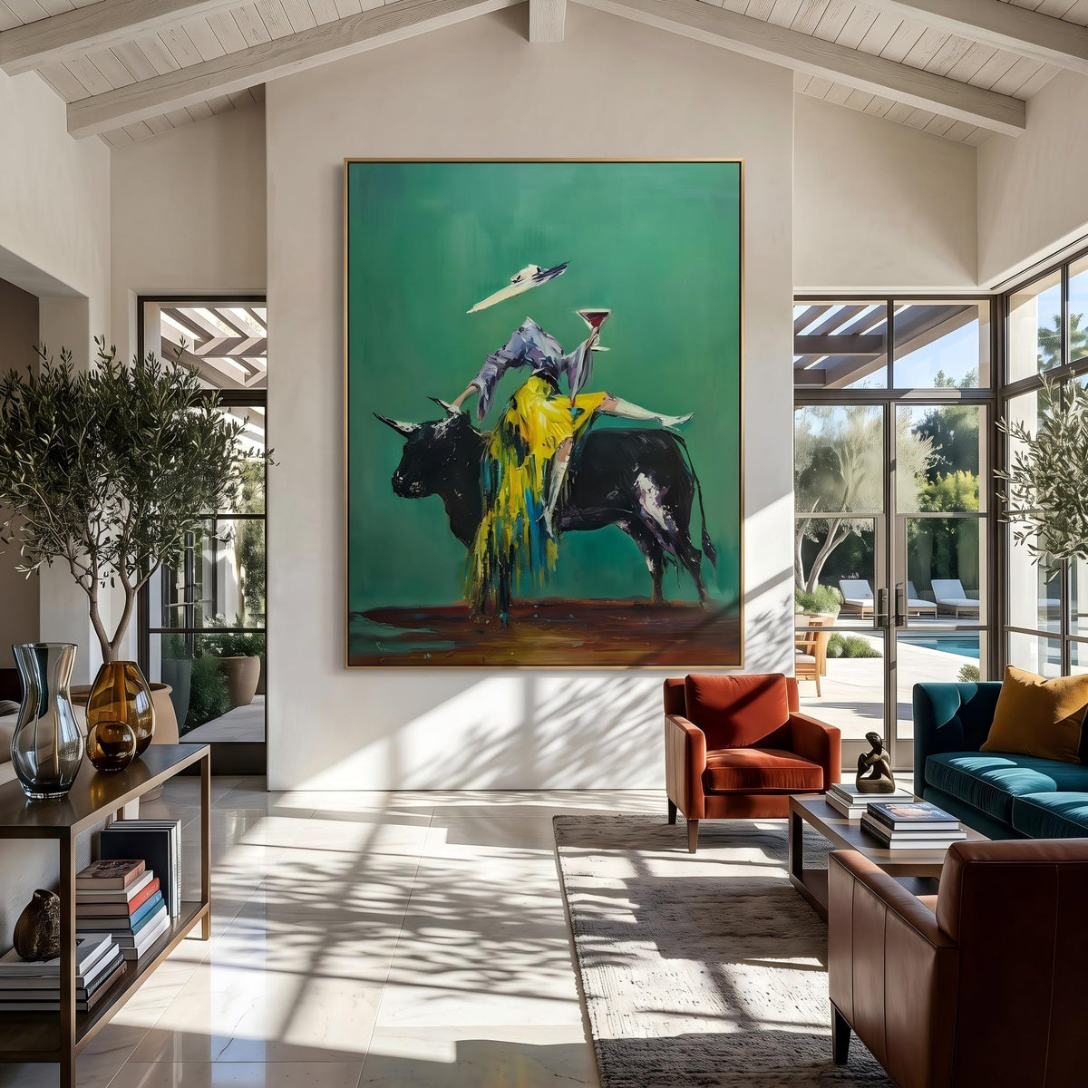"Velvet Toast of the Emerald Bull" - Modern Heavy Impasto Western Animal Artwork | Green Palette Knife Painting | Luxury Vertical Wall Art #YK 1594