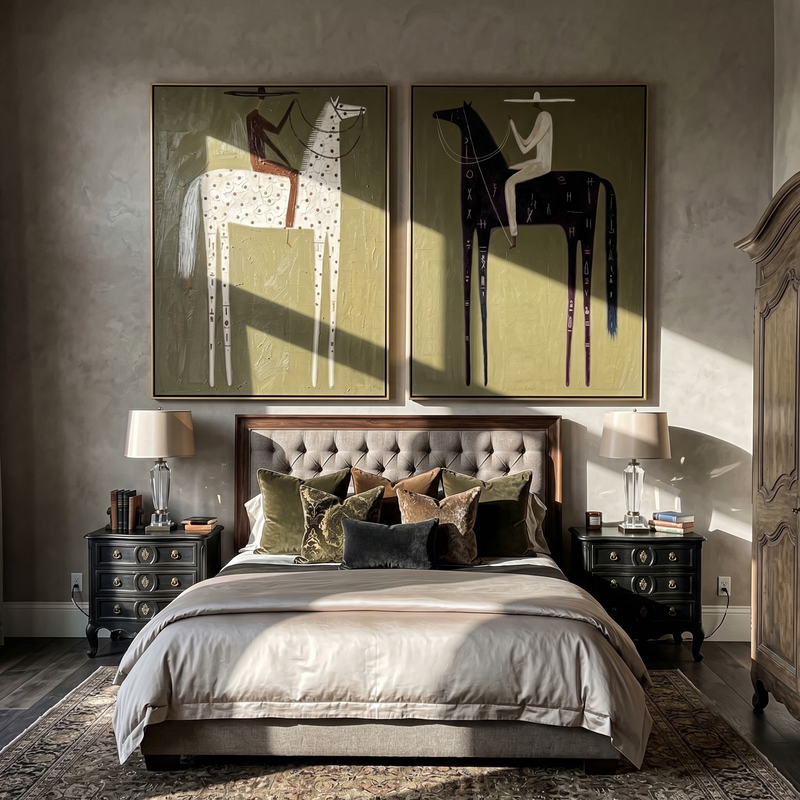 "A Ledger of Dust and Night" — 3D Textured Abstract Western Rider Wall Art Set | Olive, Ivory & Umber Framed Diptych#VA622