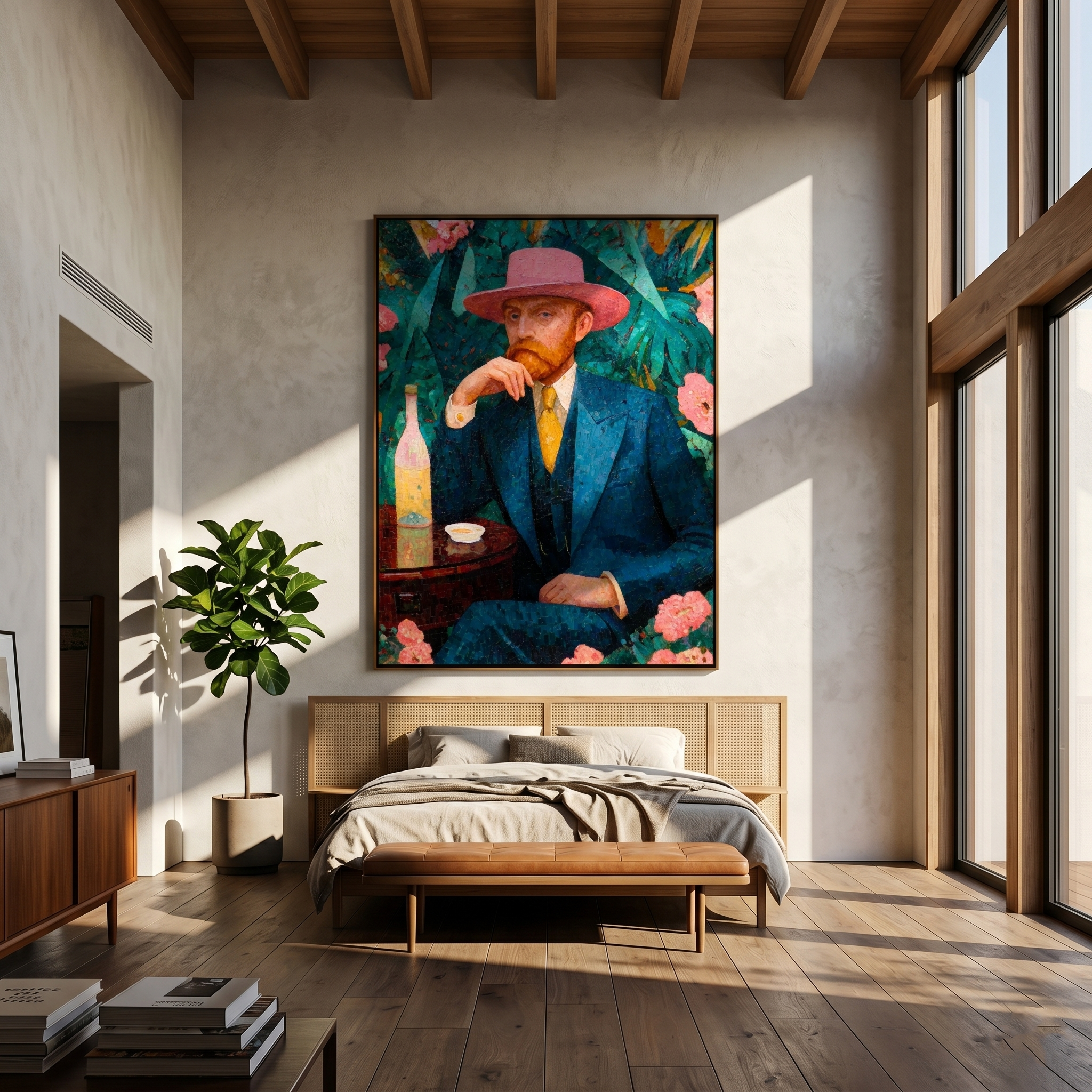 "Gentleman with the Pink Hat" – Modern Mosaic-Style Figurative Art | 3D Teal & Coral Textured Portrait | Luxury Square Wall Art#PE 005