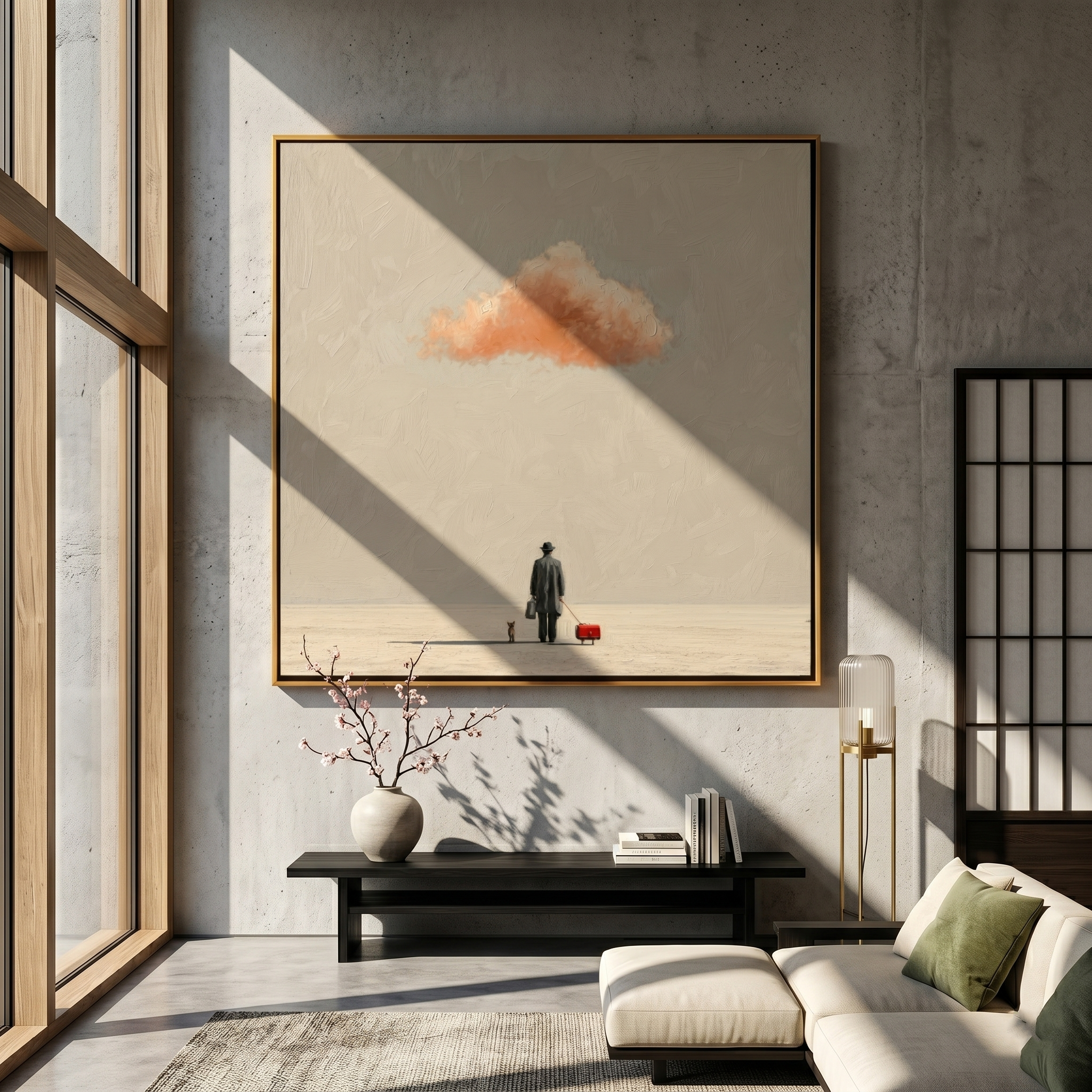 "Journey Under the Peach Cloud" – Modern Heavy Impasto Figurative Art | 3D Neutral & Warm Coral Palette Knife Painting | Luxury Square Wall Art#LC 005