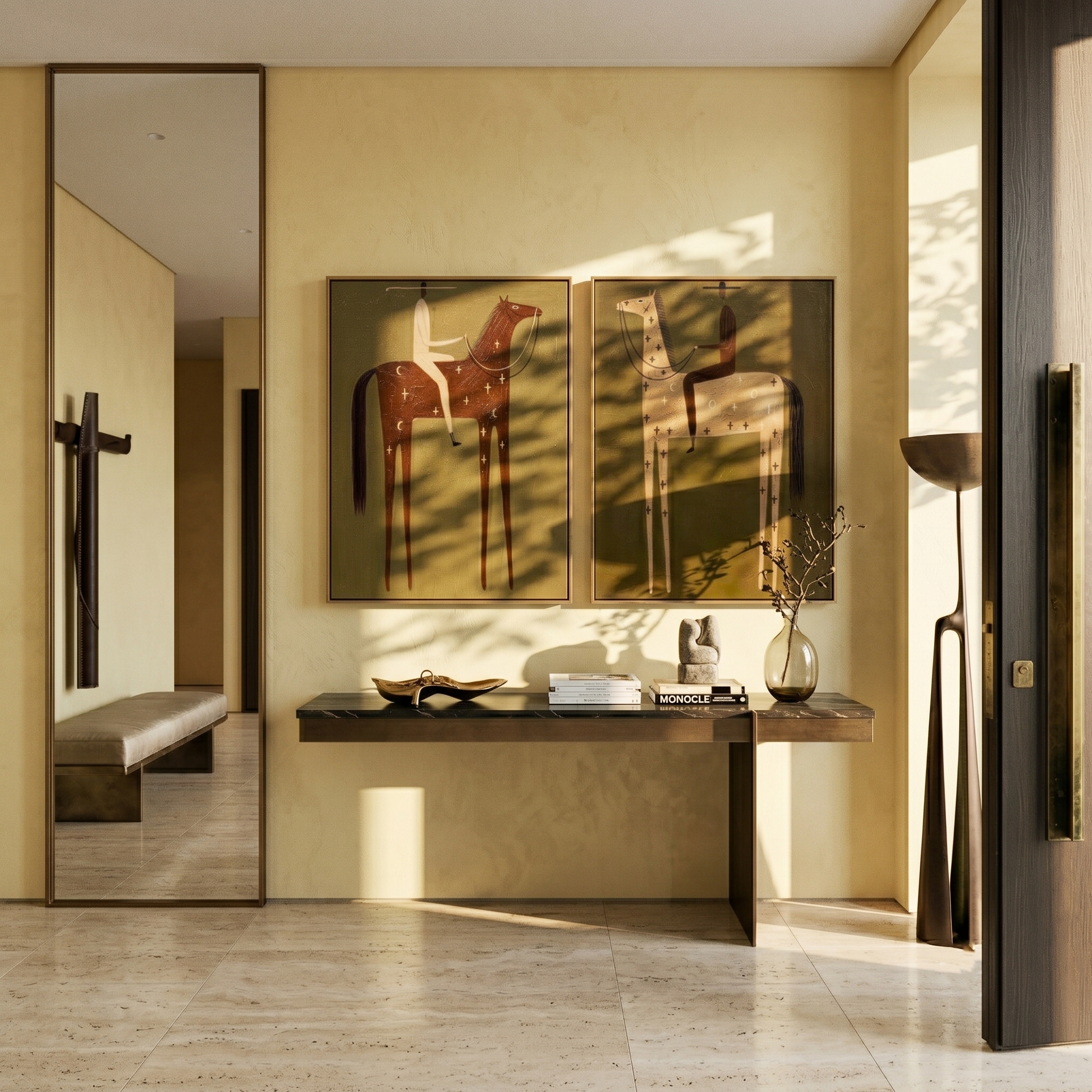 “Ethereal Riders of Twilight” — 3D Textured Abstract Western Rider Wall Art Set | Muted Olive & Earthy Tones Framed Diptych#VA627