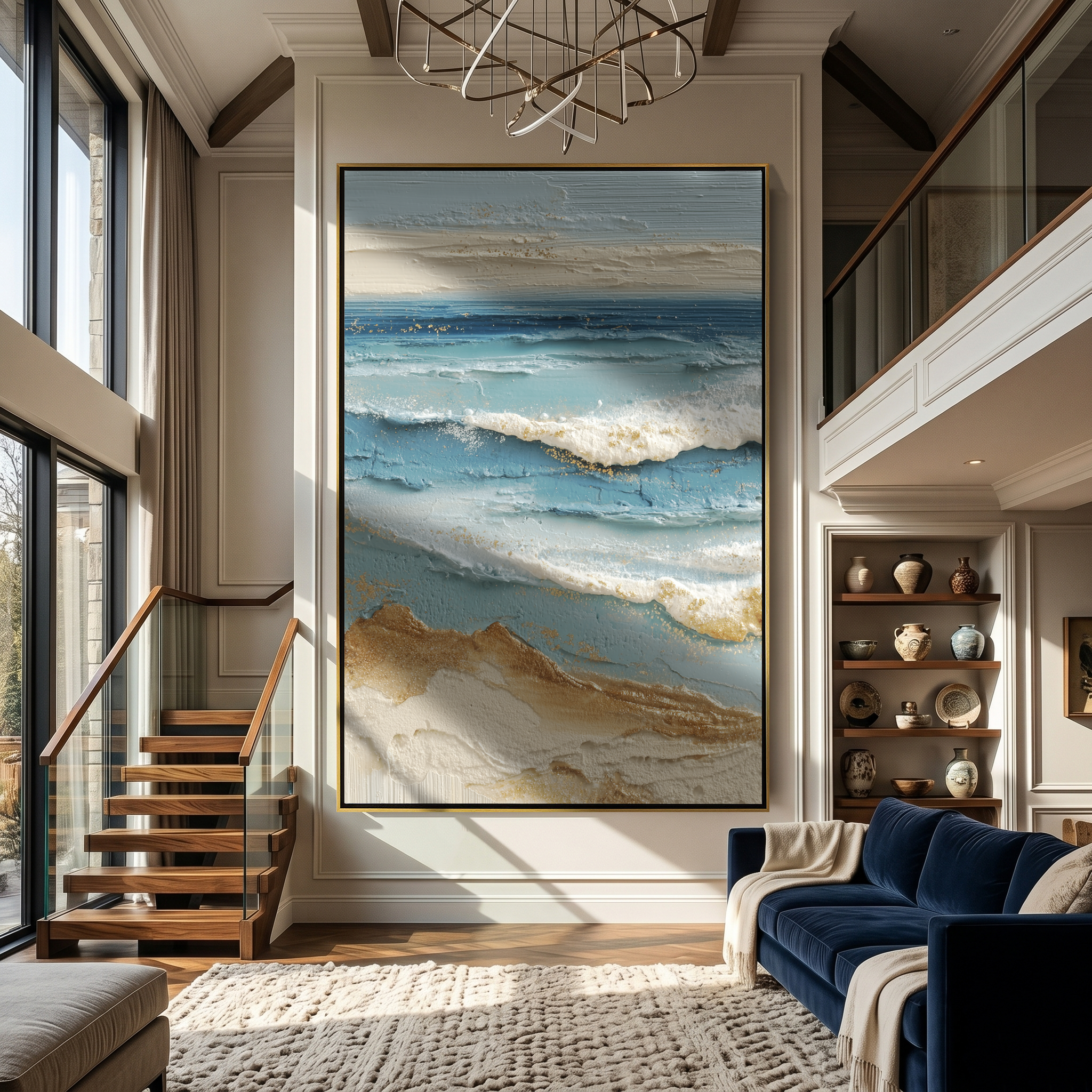 "Textured Coastal Horizon" – Modern Heavy Impasto Seascape Art | 3D Ocean Blue & Gold Palette Knife Painting | Luxury Vertical Wall Art#PT 020