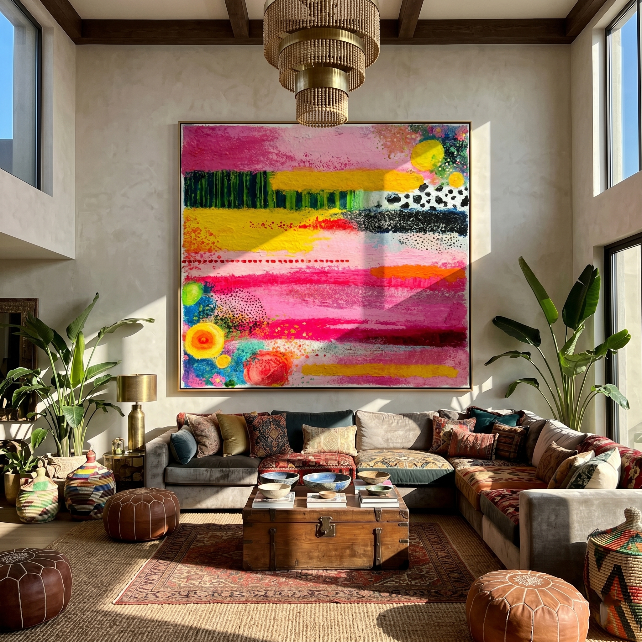 "Whimsical Color Layers" – Tactile Abstract Artwork | Bold Pink, Yellow & Black Impasto Wall Decor | Contemporary Square Statement Piece# PT 017