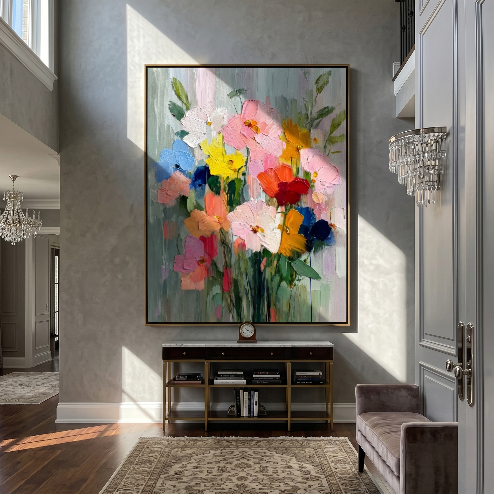 "Impasto Wildflower Bouquet" – Modern Heavy Impasto Floral Art | 3D Pastel & Vibrant Palette Knife Painting | Luxury Vertical Wall Art#FL 001